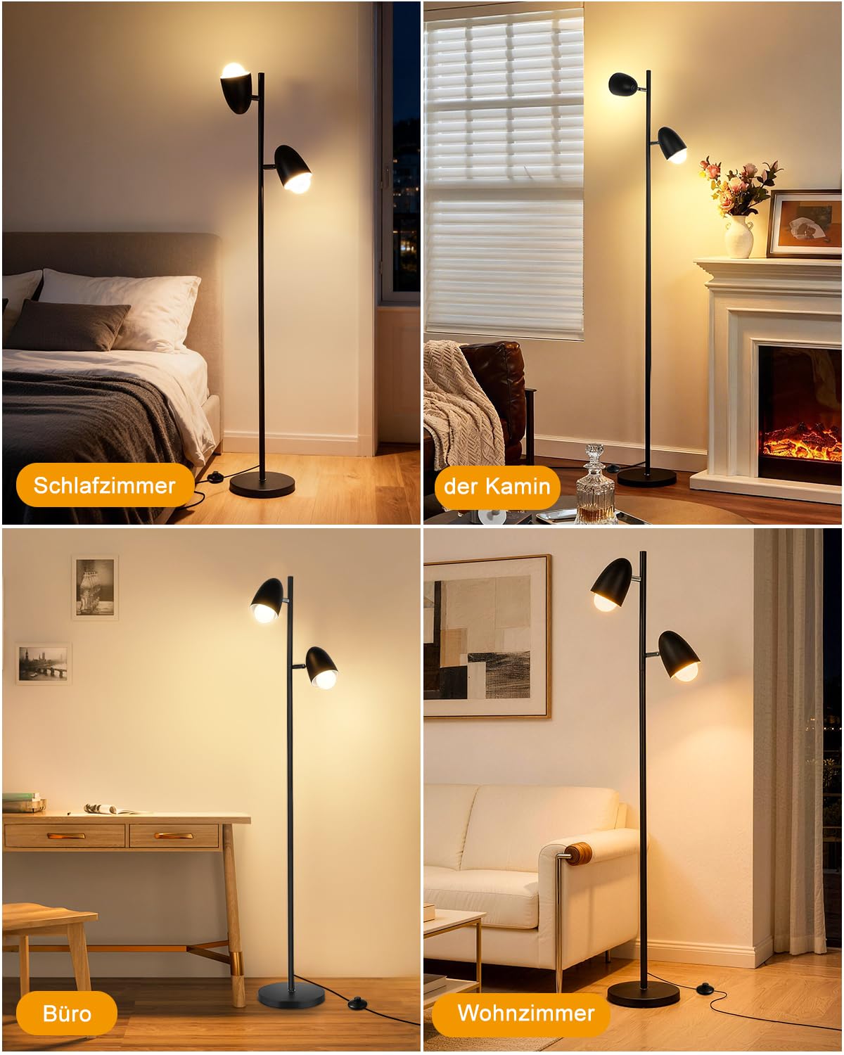LED Stehleuchte mit 2 verstellbaren Köpfen, 170CM Wohnzimmer Stehlampe mit E27 Fassungen Max.60W, Industrial Leselampe (mit 2 Leuchtmittel) für Schlafzimmer Büro - Schwarz