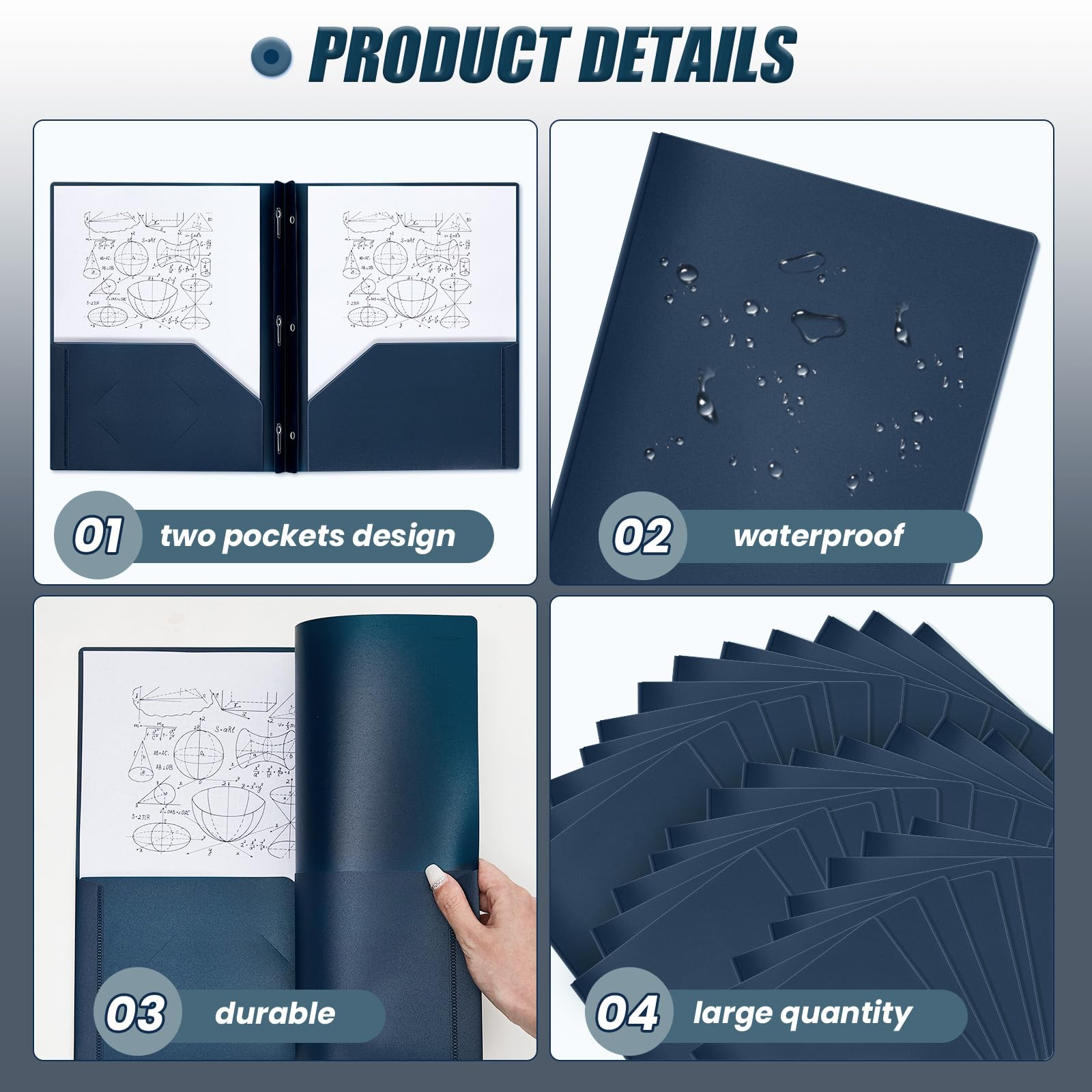 Yeaqee Cartelle in plastica con tasche e rebbi in plastica con 2 tasche per ufficio, scuola per studenti, insegnanti, impiegati (blu navy, 30 pezzi)
