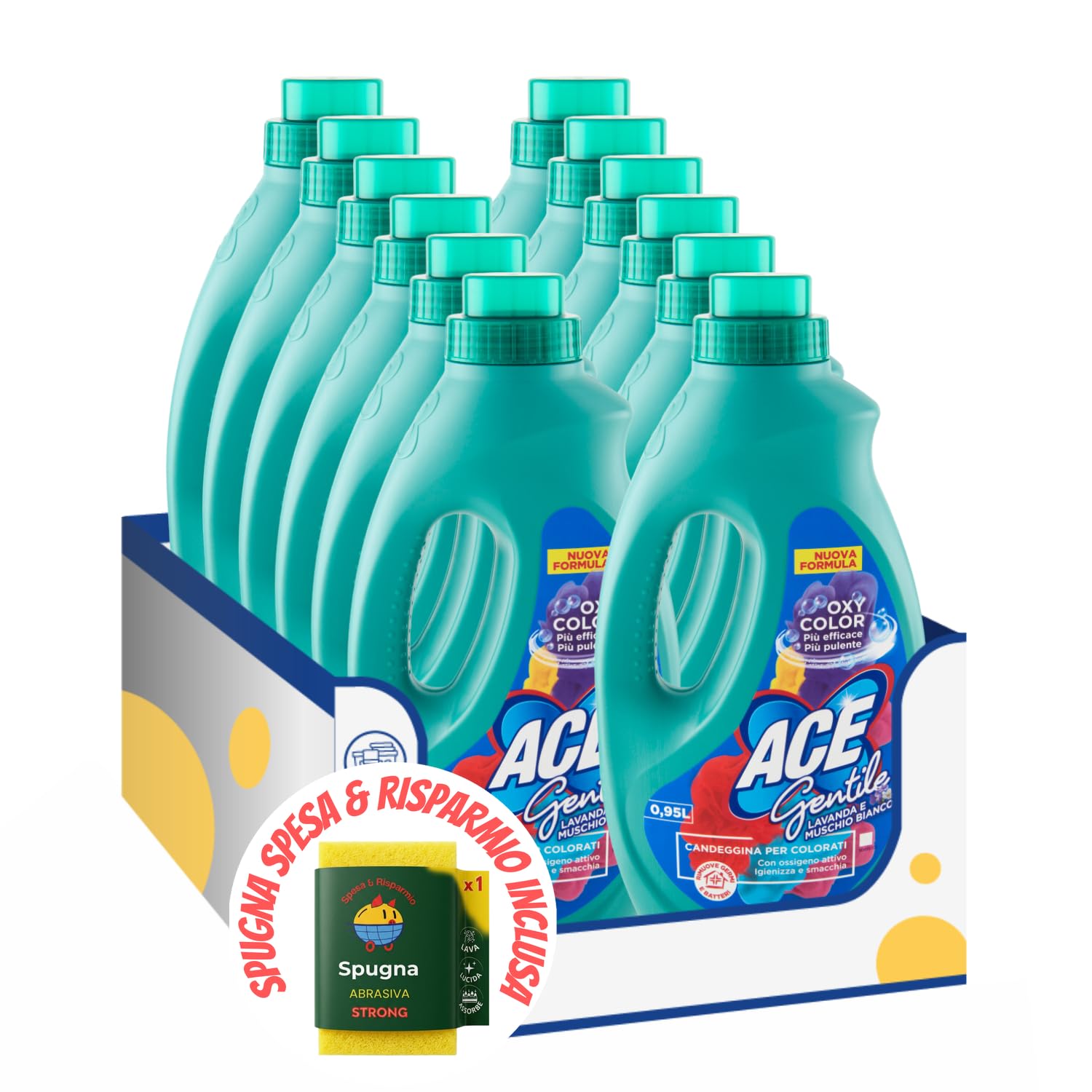 Candeggina delicata lavanda e muschio bianco per colorati kit con Spugna Brandizzata SPESA & RISPARMIO Inclusa – Variazioni 4/8/12 Pezzi – 0,95 L (12)