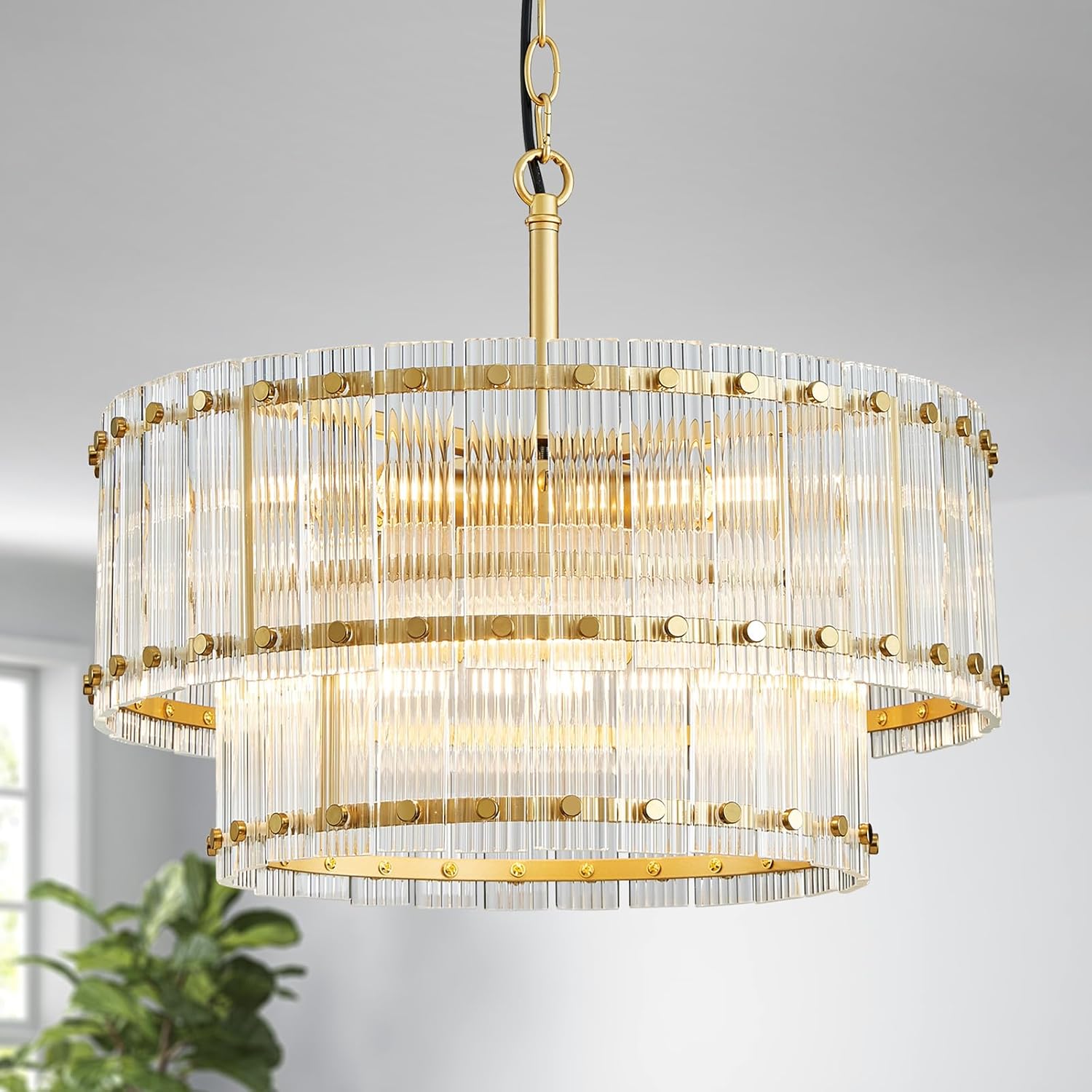 Ripple Glass Drum Chandelier, 2-Tier Gold Pendant Light, Adjustable Height Modern Ceiling Light Fixture for Dining Room Kitchen Entryway Bedroom Foyer, 6-Light E12, D18 * H19.2~49inch