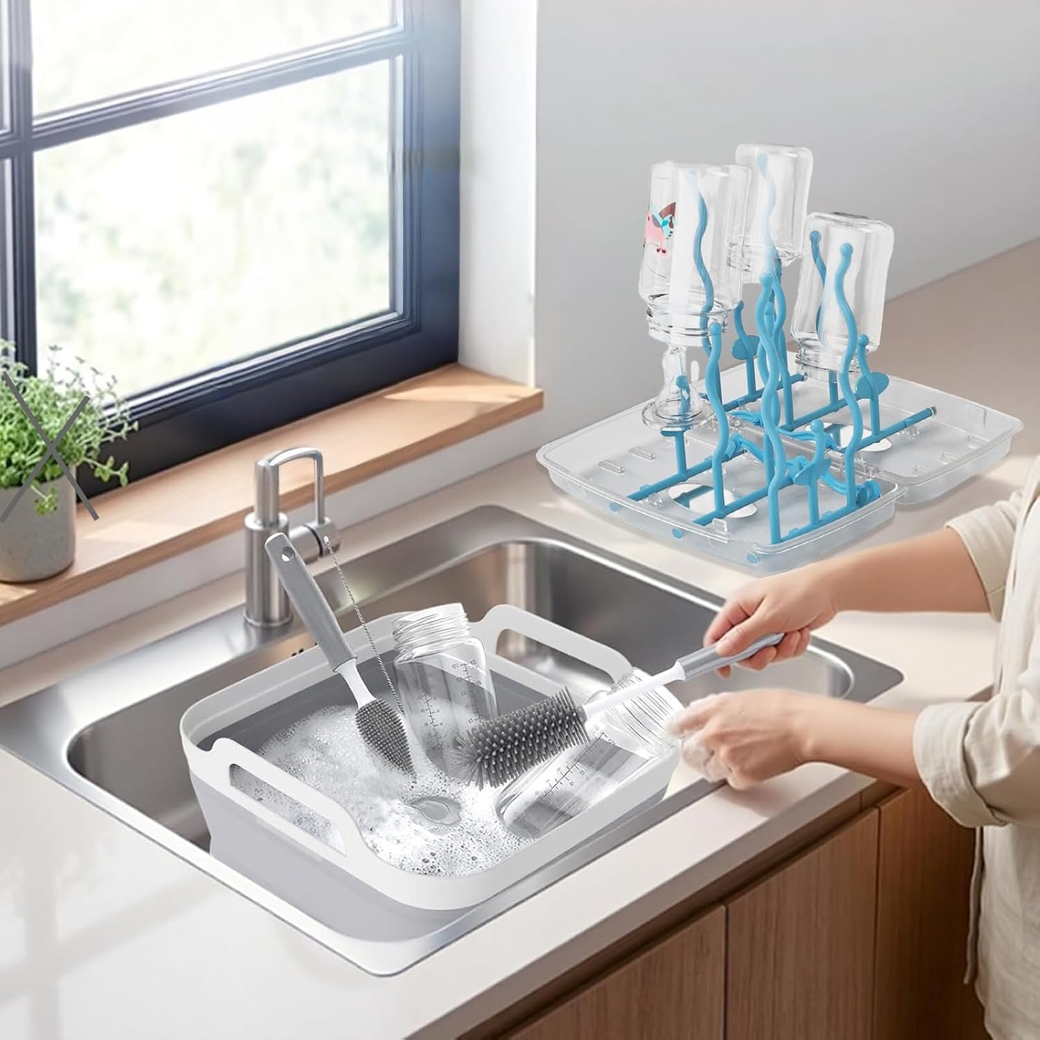 Collapsible Wash Basin with Drying Rack for Baby Bottle，2.4 Gallon Dish Basin with Portable Baby Bottle Drying Rack for Kitchen & Travel & Camping