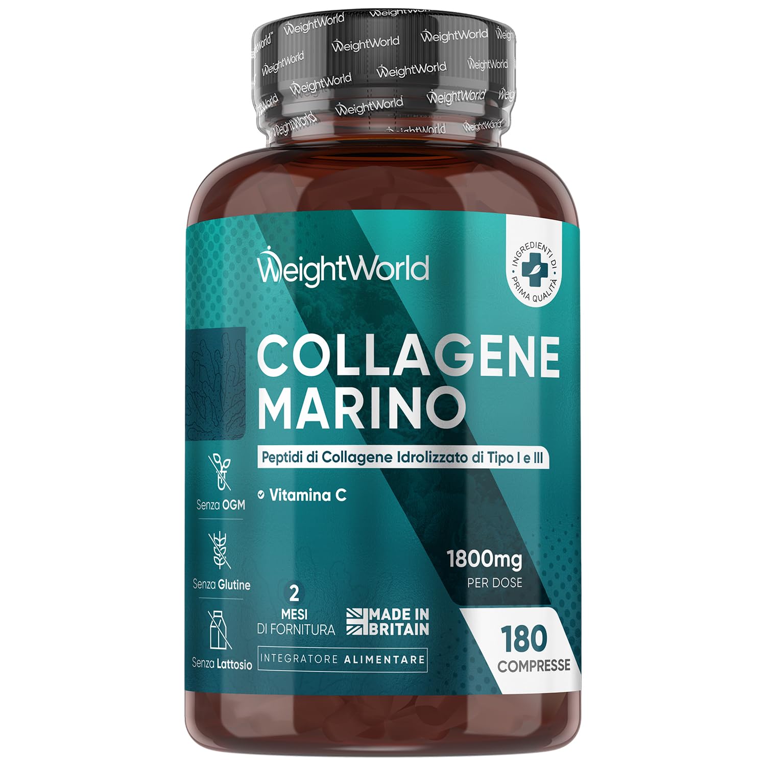 Collagene Marino da 1800mg per Dose con Vitamina C (Acido Ascorbico), Peptidi di Collagene Marino Idrolizzato Tipo I e III, 180 Compresse, Senza Glutine e Privo di Lattosio, Prodotto nel Regno Unito