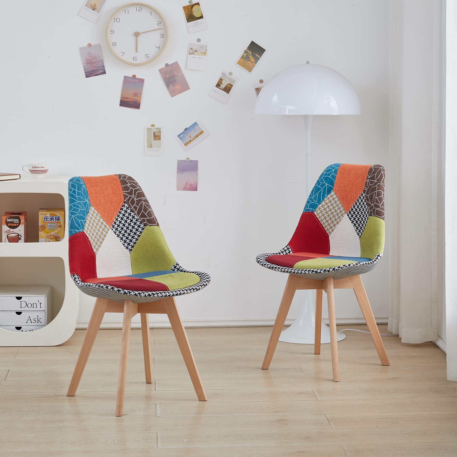 HJhomeheart Set di 8 Sedie da Pranzo in Tessuto Patchwork con Gambe in Legno Massello, Sedie da Pranzo Imbottite per Sala da Pranzo, Soggiorno, Cucina (Rosso-Nuovo)