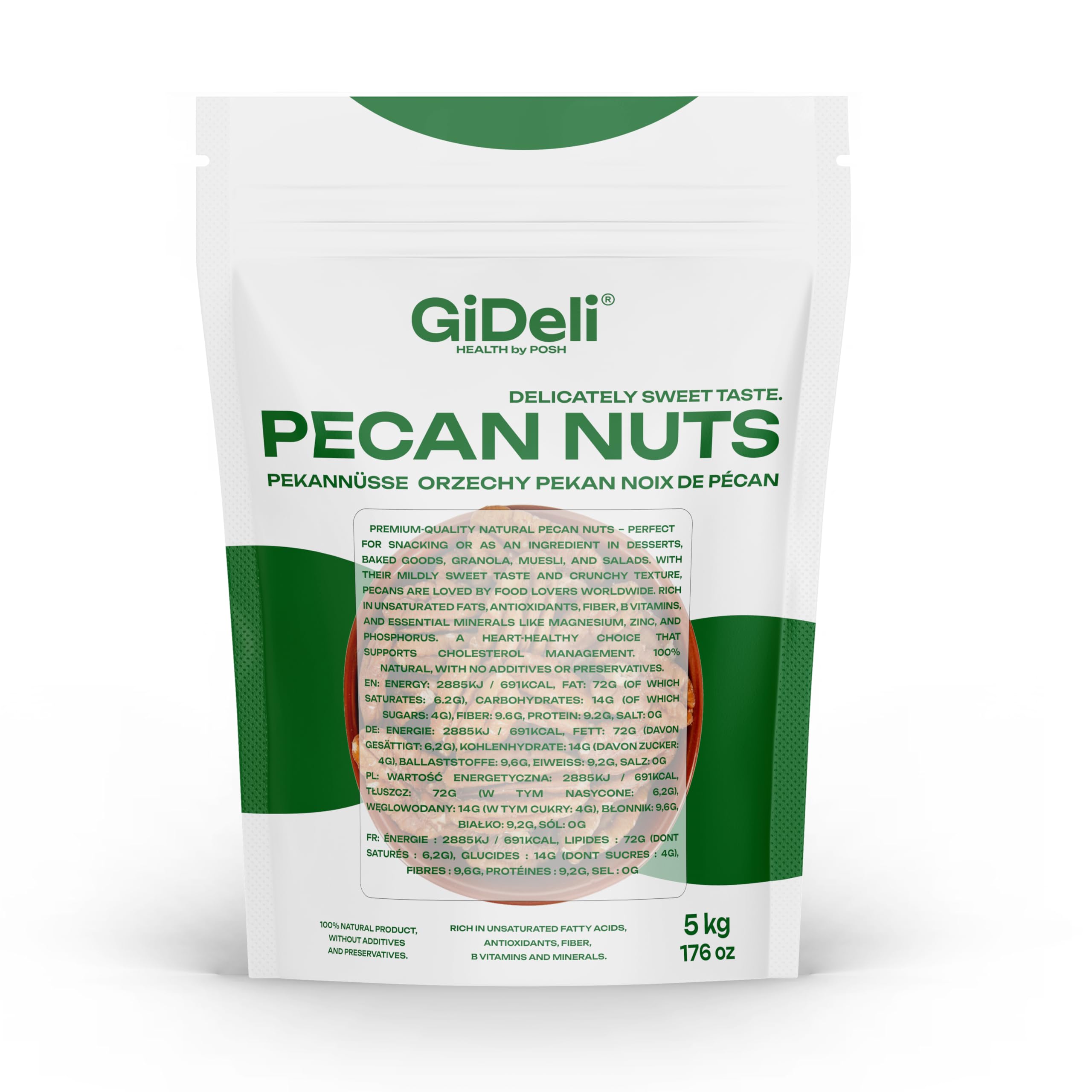 GiDeli Pekannüsse 5 kg - ganze Kerne, naturbelassen & ungesalzen, USA | Großpackung für Gastronomie und Backstube, ganze Kerne aus den USA, für Gebäck, Müsli, Salate und Desserts