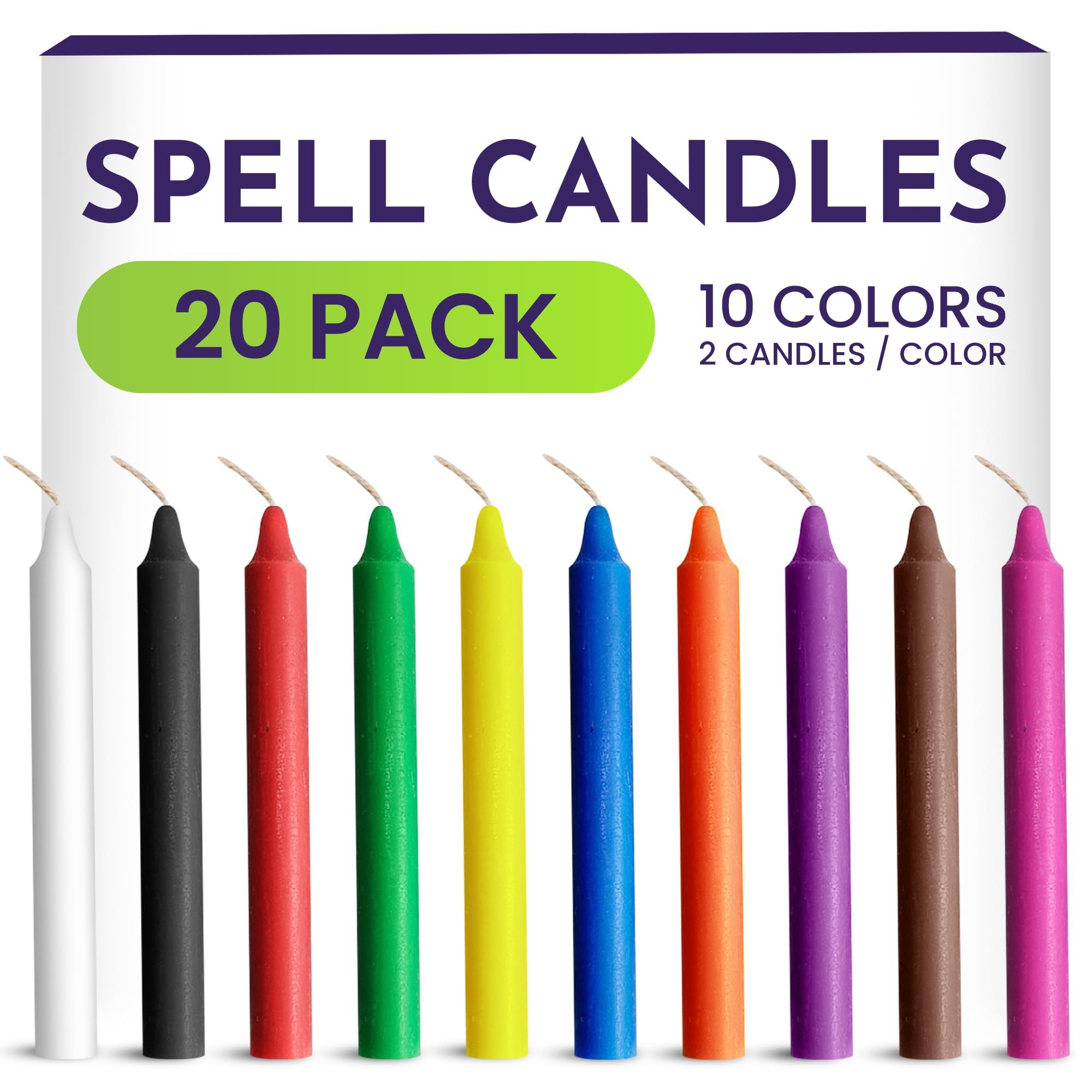 Spell Candles 20 Pack 4" Tall x 1/2" Dia, 10 Colors 2 Mini Candles per Color Black, White, Green, Red, Yellow, Orange, Blue, Brown, Pink, Purple, Free Candle Spell E-Book