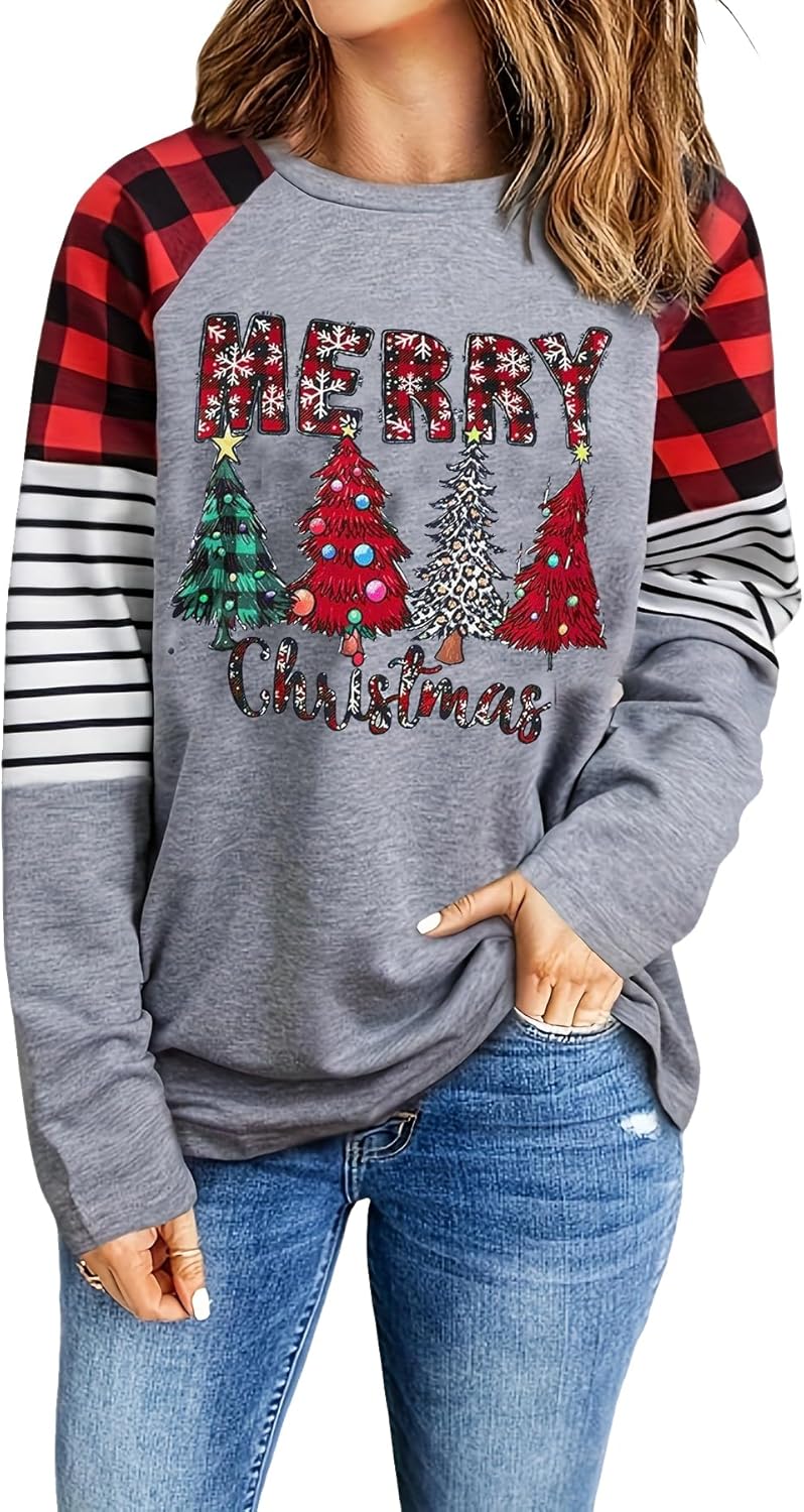 Merry Christmas Shirt for Women Leopard Plaid Christmas Tree Plus Size Long Sleeve Holiday Tee Tops