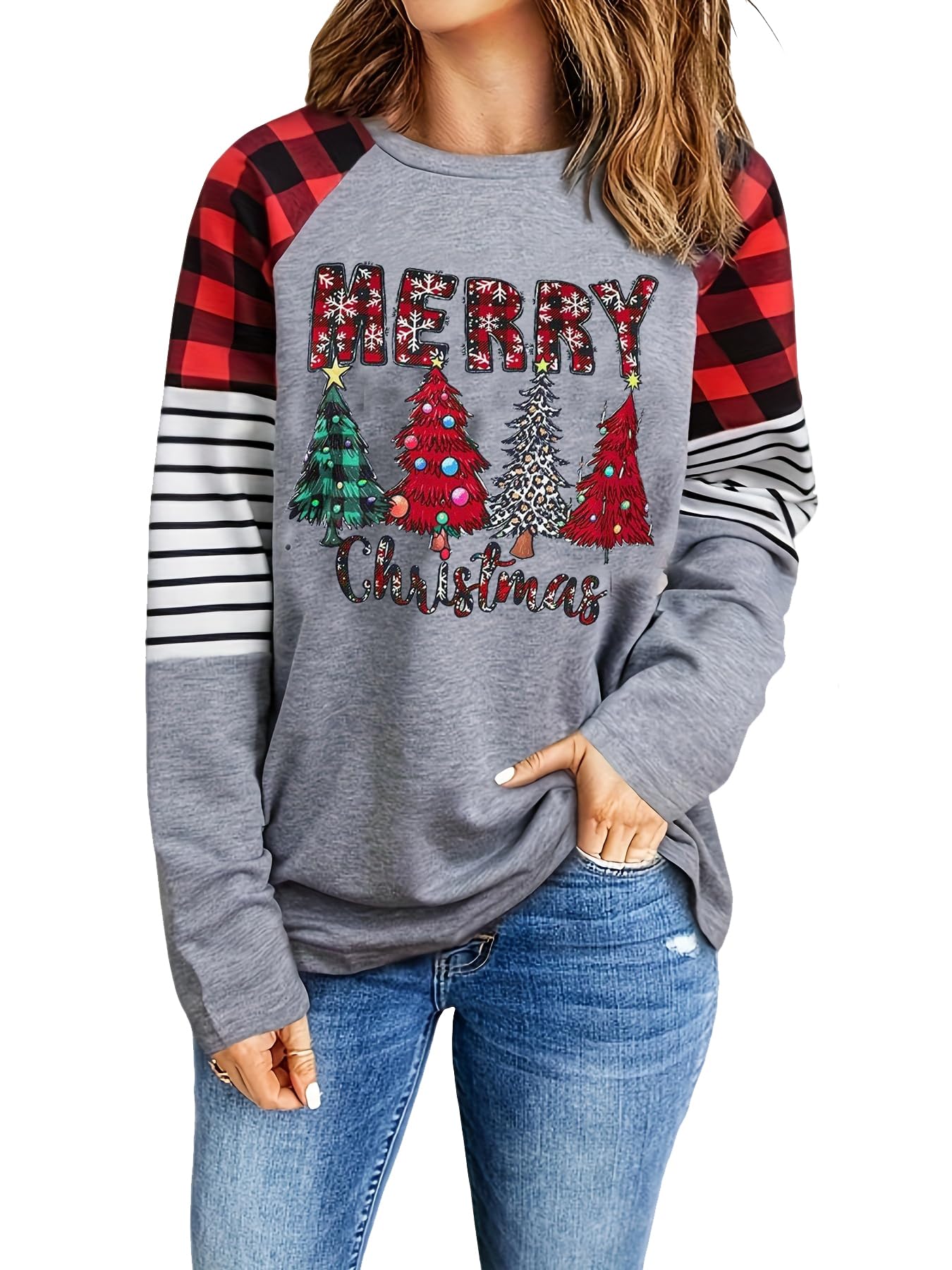 Merry Christmas Shirt for Women Leopard Plaid Christmas Tree Plus Size Long  Sleeve Holiday Tee Tops