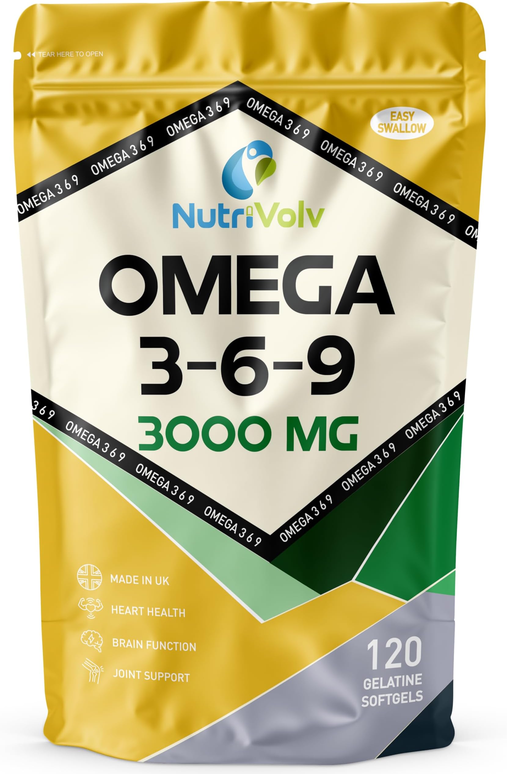 Omega 3-6-9 | 3000mg Triple Strength | Fish Oil & Flaxseed Oil Blend | High EPA & DHA | Heart Health, Brain Function & Eye Health | Essential Fatty Acids - 120 Gelatine Softgels