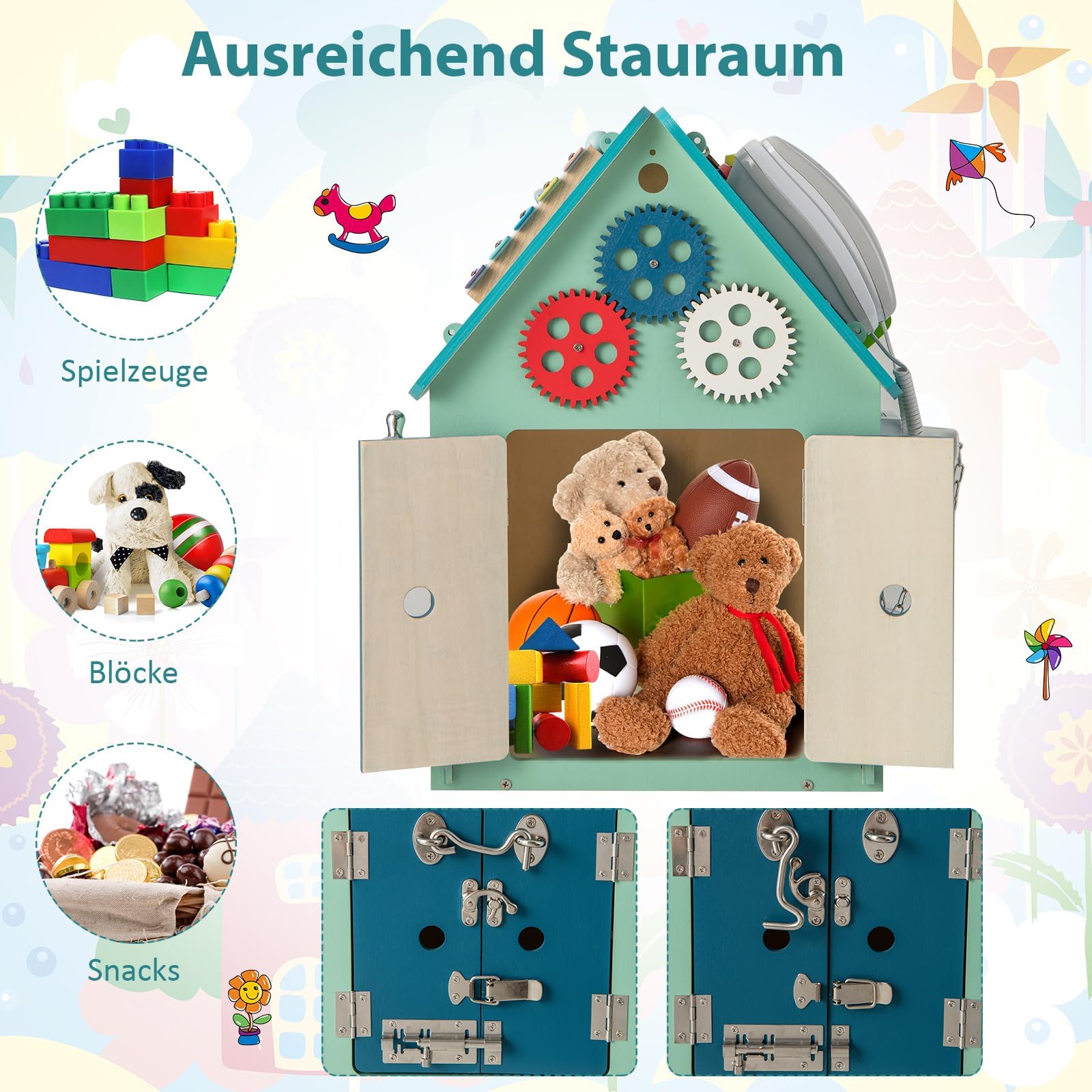 FANTASK Domek do zabawy dla dzieci z drewna, edukacyjny domek z zabawkami i miejscem do przechowywania, sensoryczna zabawka edukacyjna Montessori do motoryki precyzyjnej, kostka do aktywności dla