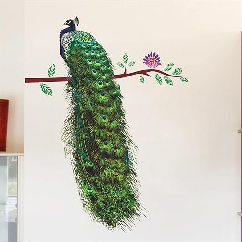Calcomanías de pared de pavo real de pie en una rama, lindas y elegantes calcomanías de pared de animales, despegar y pegar, murales impermeables