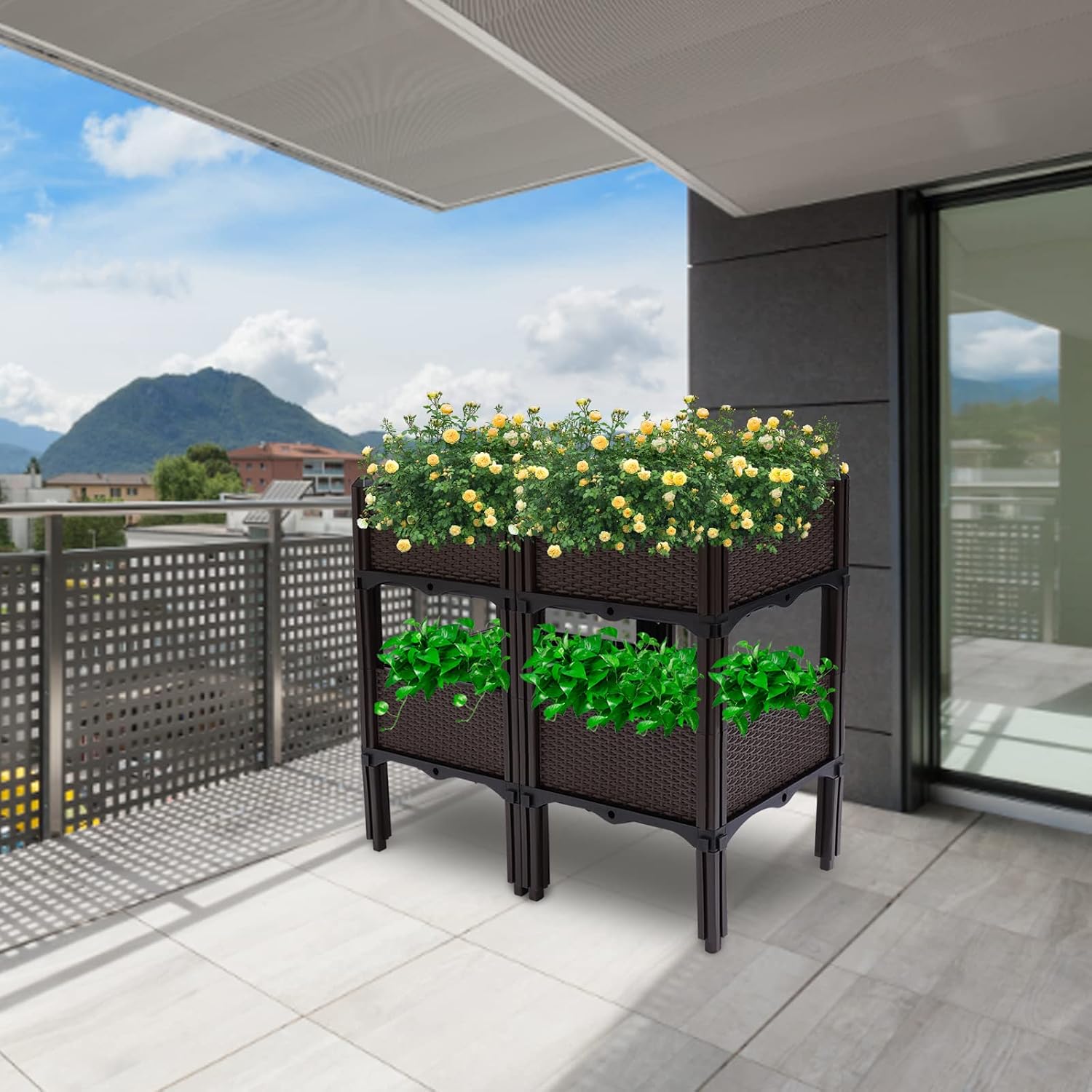 Planter Box Kit, Raised Garden Bed, 2-Layer Garden Planter Box, 4PCS Raised Elevated Garden Bed, Plastic Raised Garden Bed Elevated Planter, at Home or Garden, for Growing Vegetables, Flowers