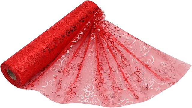 25m x 29cm Organza Roll Sparkle Snow Sheer Glitter Fabric with Flocked Design for Wedding Venue, Chair Bow Sash, Table Runner, Xmas Tree, Christmas Wreath, Gift Wrapping, Party Decoration, Red