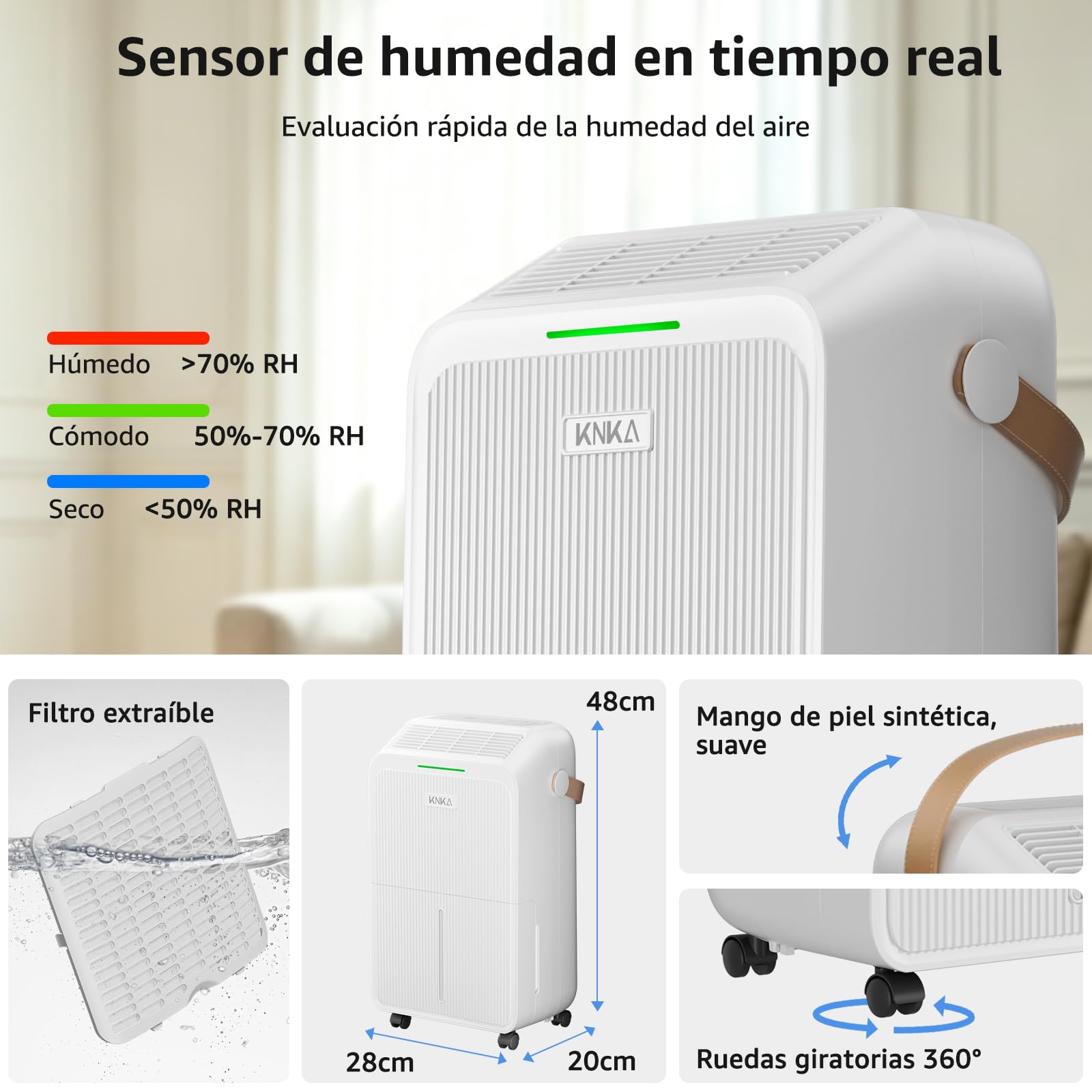 KNKA Deshumidificador 16L/d Deshumificador de Humedad Doméstico Silencioso | Dehumidifier for Home Depósito 3,3 L integrado, modo noche, pantalla LED humedad en tiempo real, flujo de aire 80 m³ 35 m²