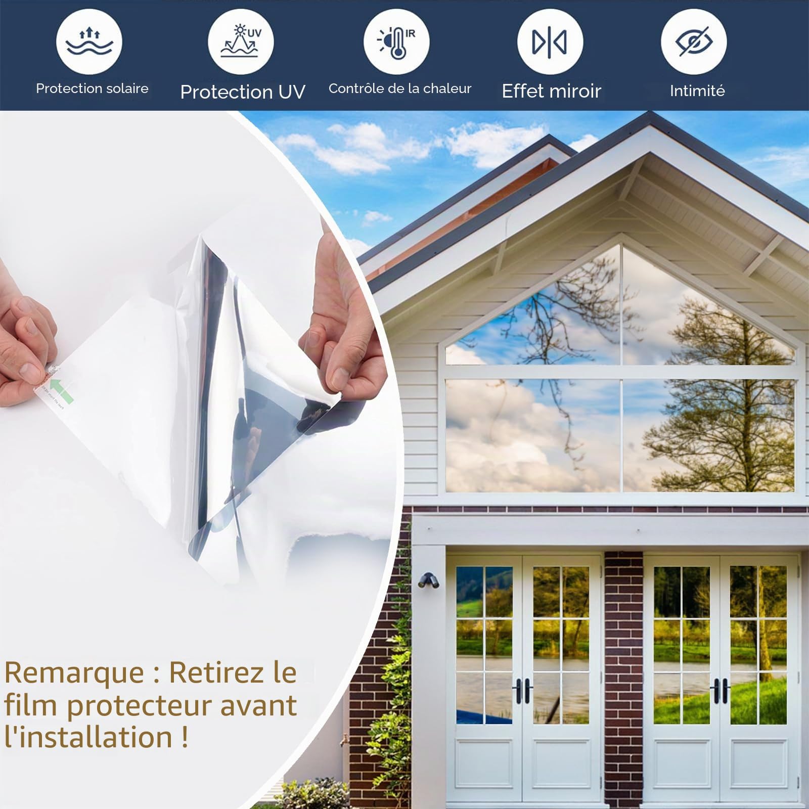 Film Miroir Linarun, Autocollant, Film de Protection Solaire pour fenêtre, Protection de la Vie privée, Isolation Thermique, fenêtre de Toit, intérieur ou extérieur, Protection UV 90x400