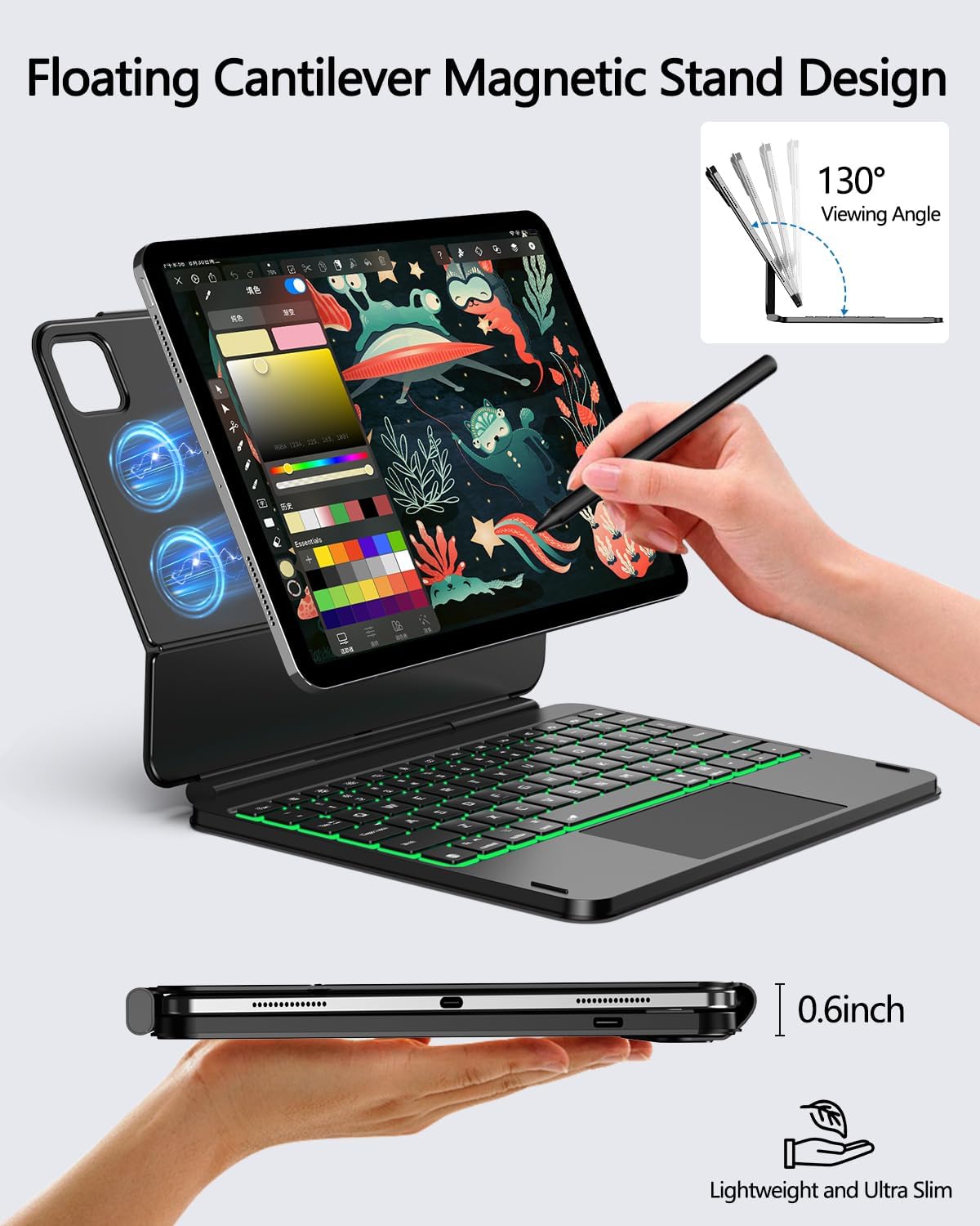 ORDA iPad Pro 11 Inch Case with Keyboard (M4/2024) iPad Pro Magic Keyboard with 7 Colors Backlight,Easy-Set Magnetic Stand,Precise Multi-Gesture Trackpad,Shortcut Keys,Ultra-Slim,On-The-Go Protection