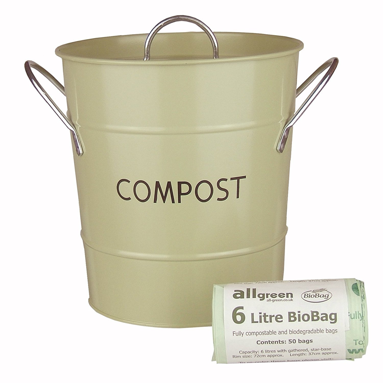 Sage Green Metal Kitchen Compost Caddy & 50x 6L AllGreen Biobags
