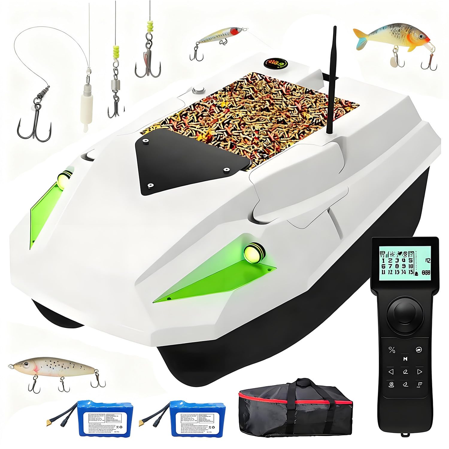 Barca da pesca con GPS, 2 batterie, luci notturne, posizionamento a 100 punti, ampio scomparto per capacità di carico di 2,5 kg, ideale per rilascio esche e ami da traina
