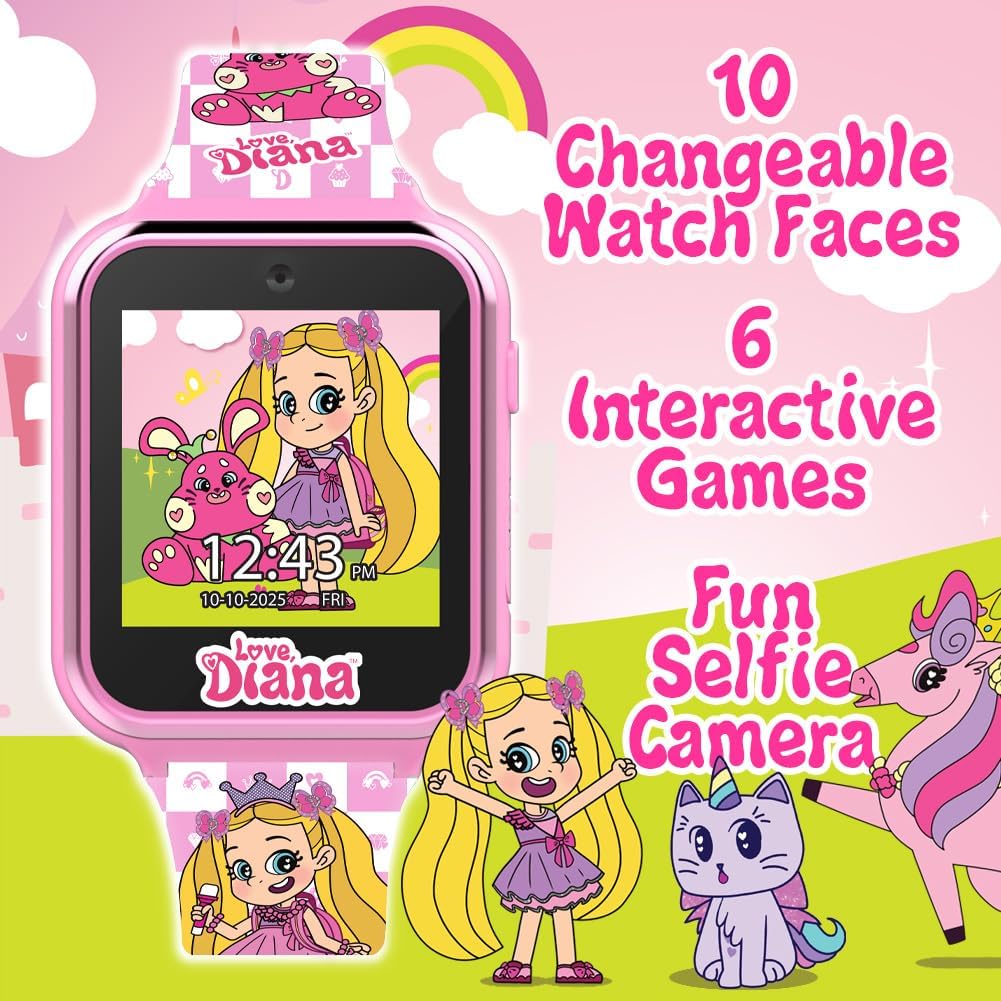 Love Diana Kids Smart Watch - Touchscreen with Games, Selfie Camera, Step Tracker, Alarm Timer, Voice Recorder, and Printed Silicone Strap - Fits Wrists 5.5" to 8.0" - Image 5