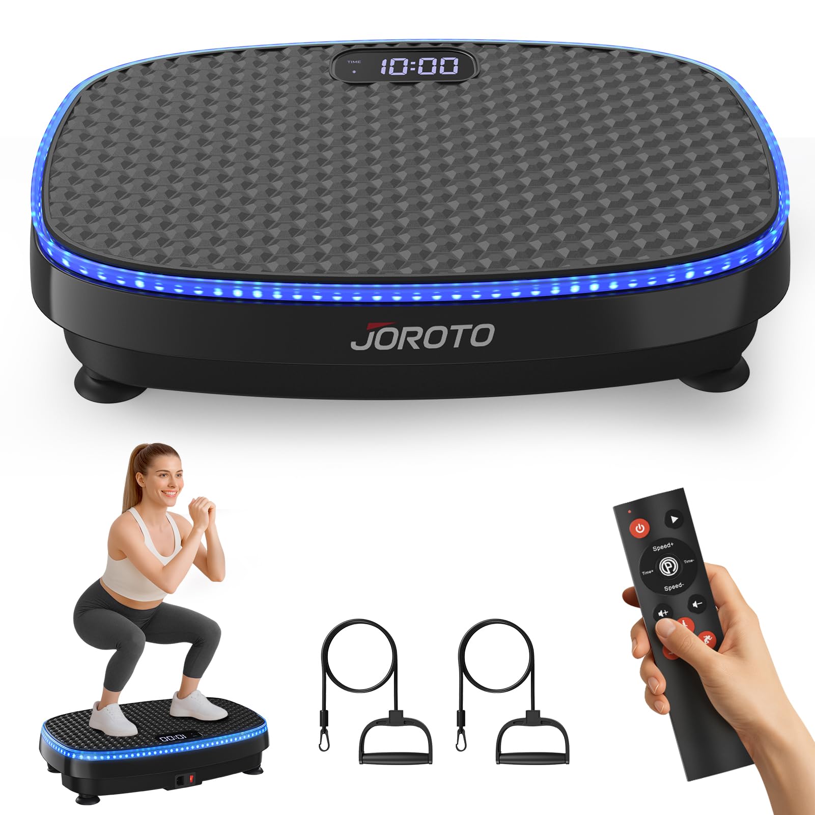 JOROTO JV50/JV60 Pedana Vibrante 4D per Casa, con 3 Motori, 10 Programmi & 120 Livelli, Altoparlante Bluetooth, Luci LED per Allenamento Completo del Corpo, Portata Massima di 158KG