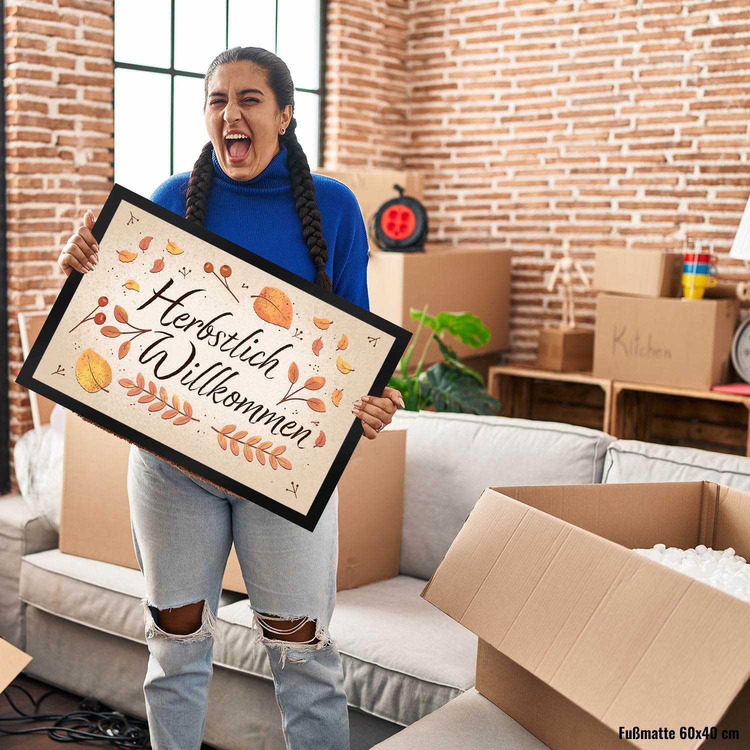 speecheese Herbstlich Willkommen Fußmatte XXL in 50x75 cm mit bunten Blättern schöner Fußabstreifer für den Herbst mit Laub und Beeren verziert um Freunde im Herbst willkommen zu heißen