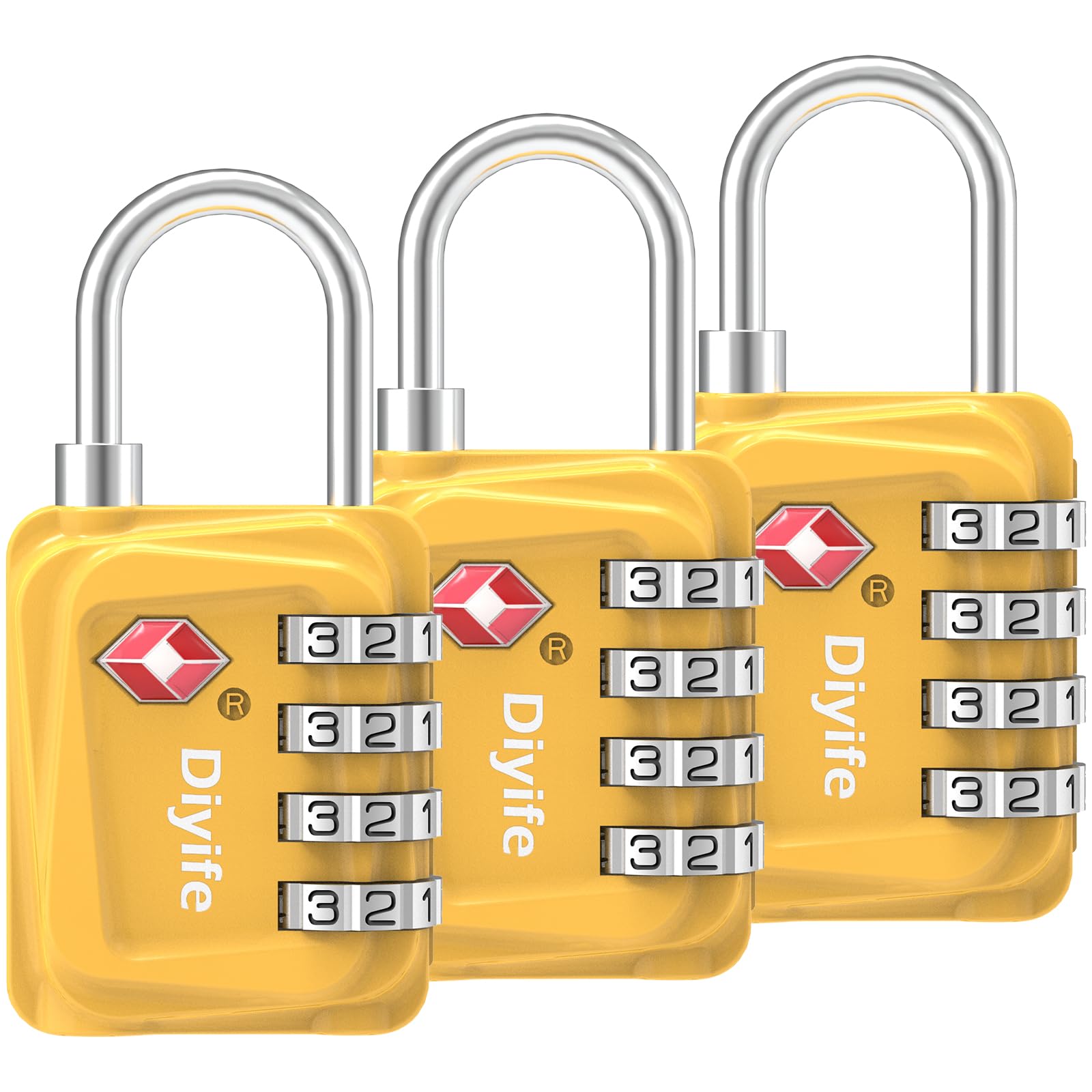TSA Luggage Locks, [3 Packs] Diyife Updated 4-Digit Security Padlocks with Code, Resettable Zinc Alloy Combination Padlocks, Small Travel Locks Padlocks for Luggage Suitcases Bag Case (Yellow)