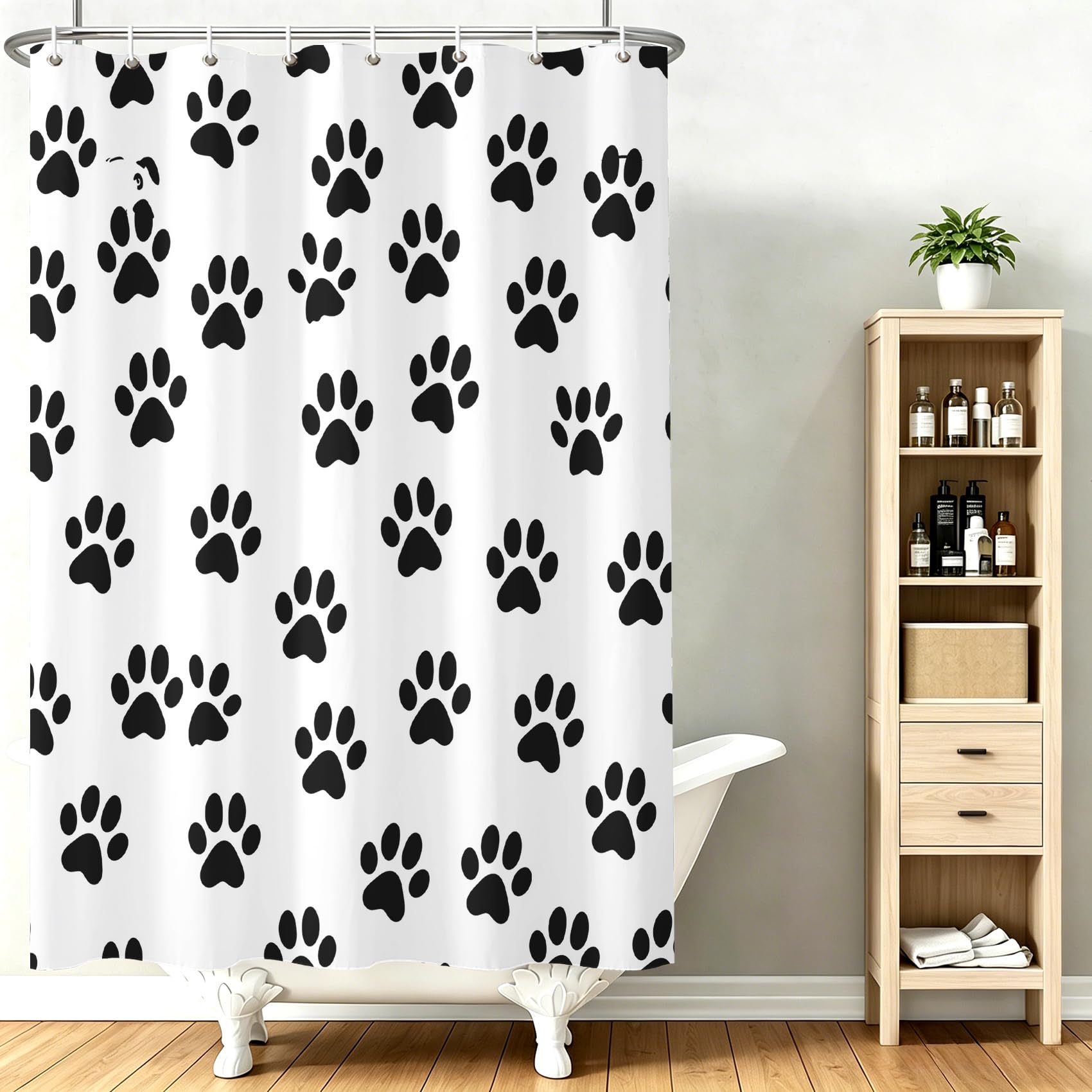 Générique Rideau de Douche Empreinte de Patte Noir Blanc 180x220cm | Rideau Douche Animaux de Compagnie Mignon Tissu Polyester Hydrofuge Rideau Baignoire pour Salle de Bain avec Crochets