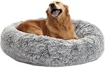 Bedfolks Calming Donut Dog Bed, 36 Inches Round Fluffy for Large Dogs, Anti-Anxiety Plush, Machine Washable (Brown, Large)