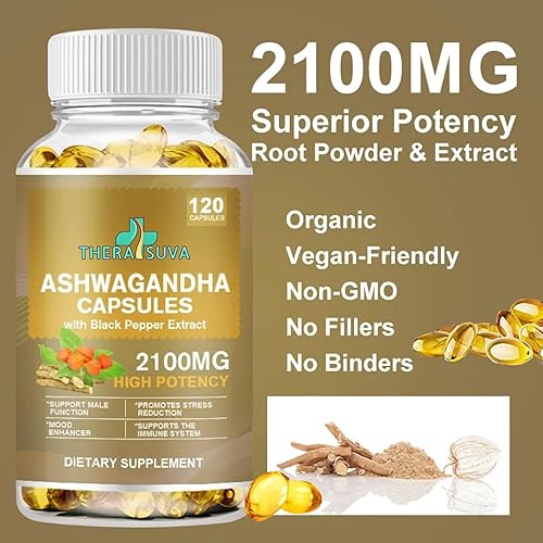 Miniatura 5 de Ashwagandha de potencia superior 2100 mg + extracto de pimienta negra 8 mg suplemento para alivio del estrés y apoyo inmunológico, 120 cápsulas de