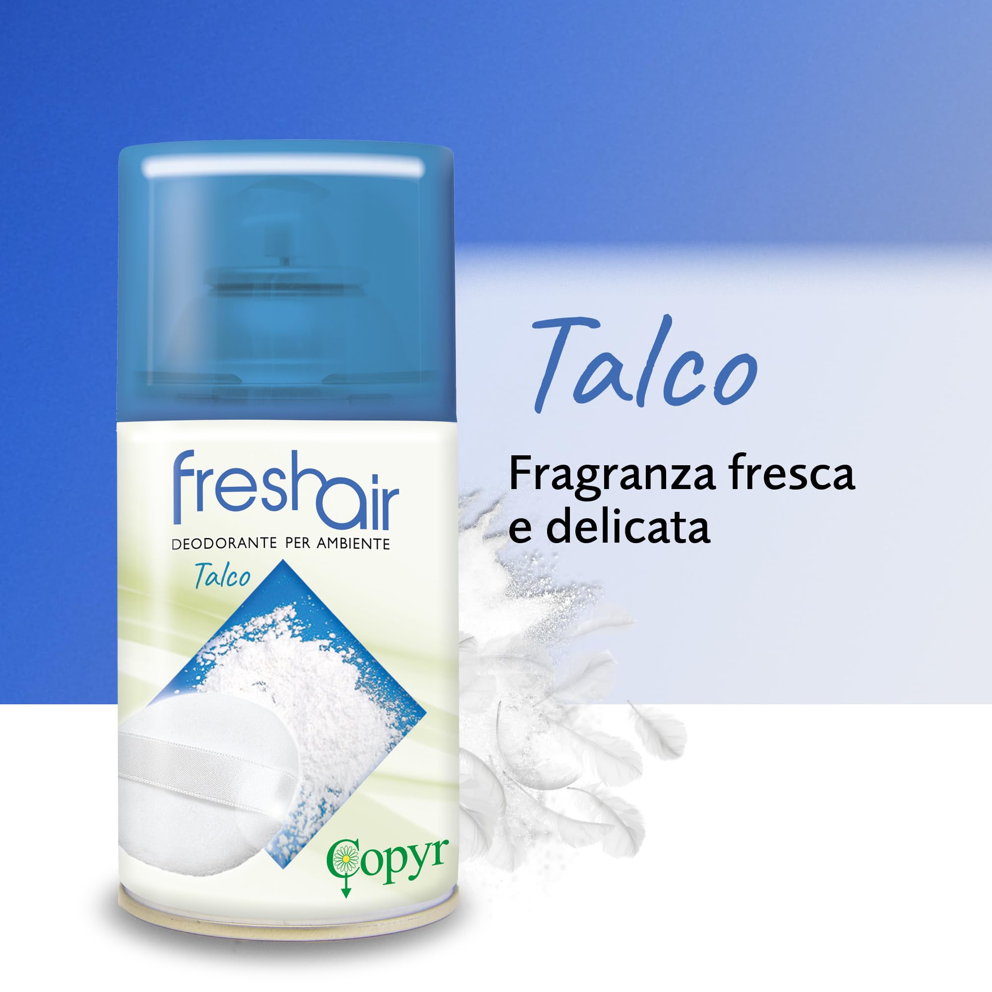 Copyr Fresh Air Talco - Deodorante Ambiente Aerosol Fragranza Delicata, 1 Bombola 250ml + Erogatore Automatico Copyrmatic Night & Day - Profumatore per Ambienti Interni, Elimina Odori fino a 100m3