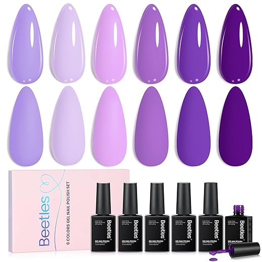 beetles Purple Gel Polish Spring - Violet Letter 6 Colors Polish Set, Light and Dark Purple Colors, Soak Off LED Nail Gel Manicure Kit for DIY at Home Salon