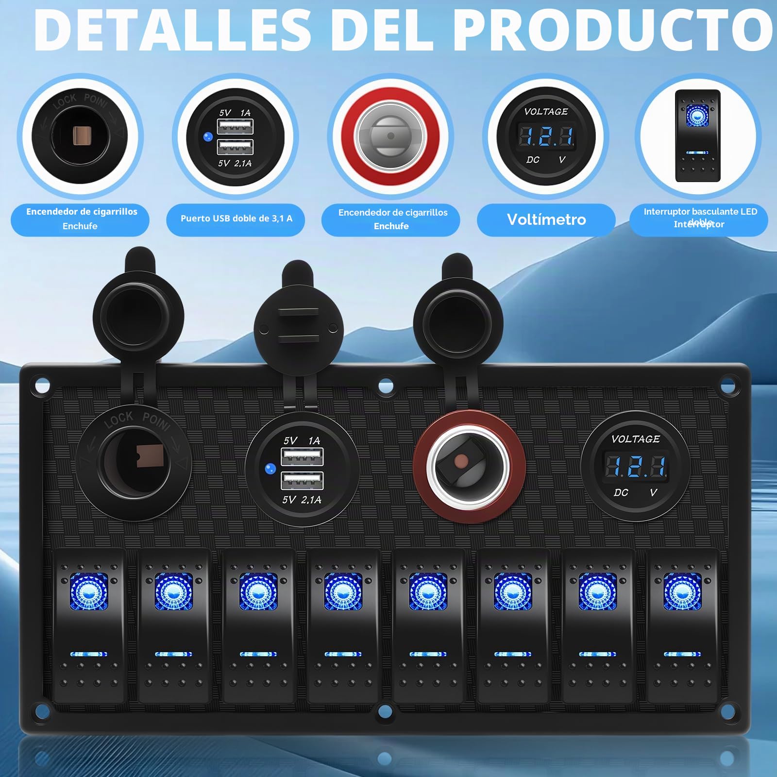 Geloo Panel de Interruptores Basculantes de 8 Pandillas, 4 en 1 Multifunción Impermeable Panel de Interruptores de Palanca para Coche, Barco, Camión, Caravana, Vehículos (Blue)