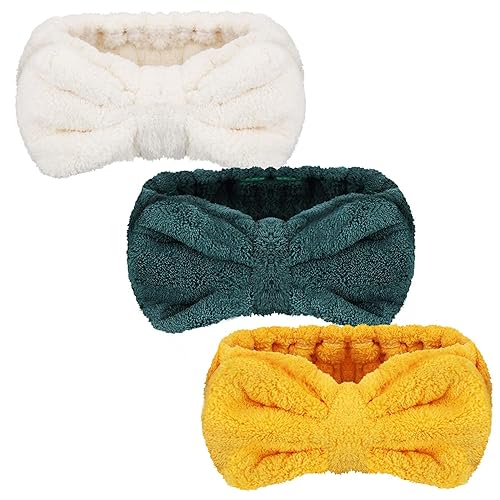 Paquete de 3 diademas de microfibra con moño, para maquillaje, spa, yoga, deportes, ducha, banda de pelo ajustable para niñas y mujeres
