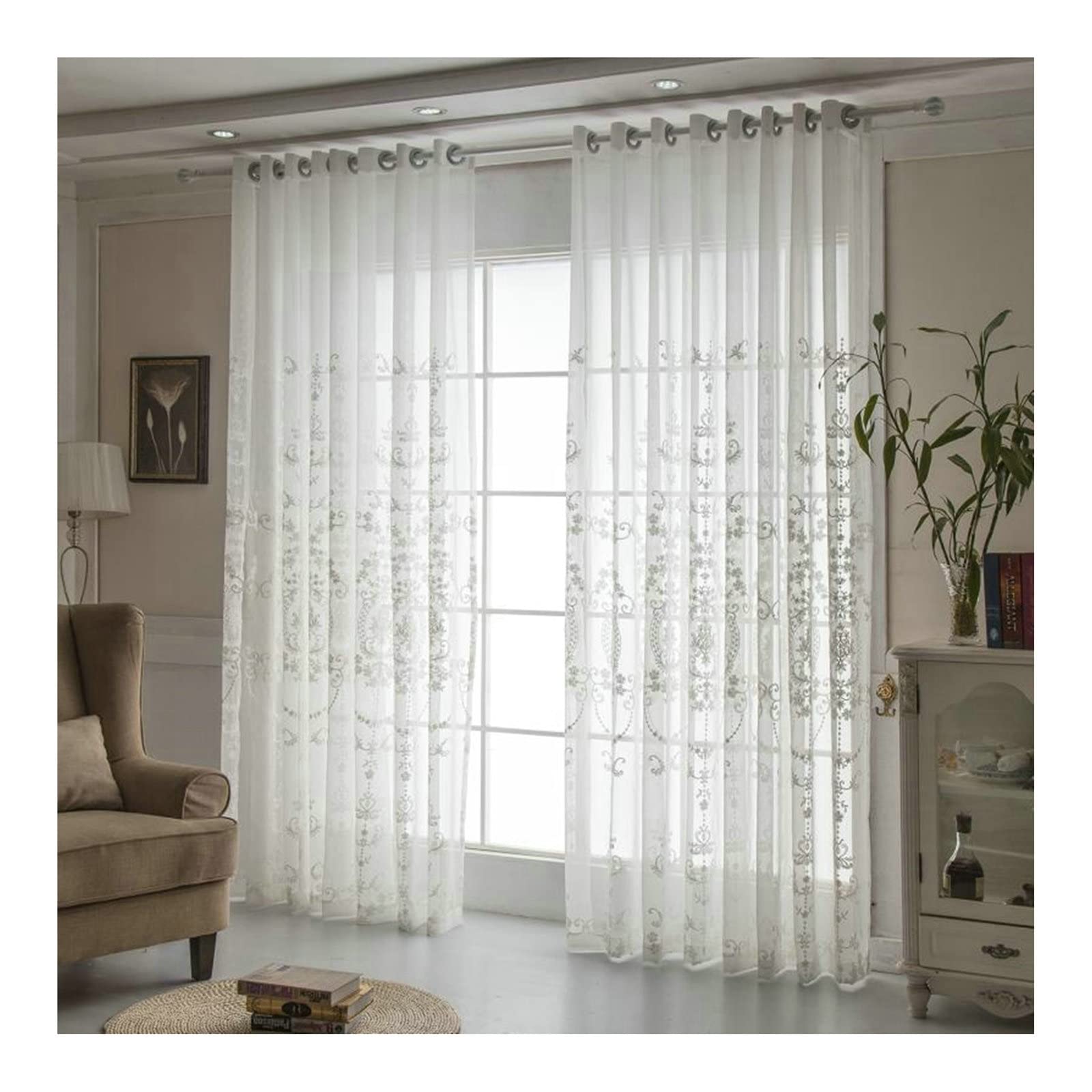 KnBoB Rideau Occultant Thermiques Blanc 137 x 229 CM Fleur Brodée Rideaux Fenêtres Chambre à Oeillets, Rideau Voilage Coton Lin