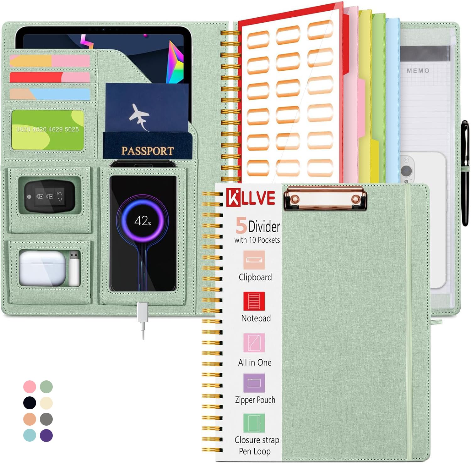 Sauge Porte-bloc pliable à spirale avec pochette de rangement zippée, 5 dossiers en plastique avec poches, bloc-notes ligné rechargeable (21,6 x 27,9 cm), organiseur de projet à couverture
