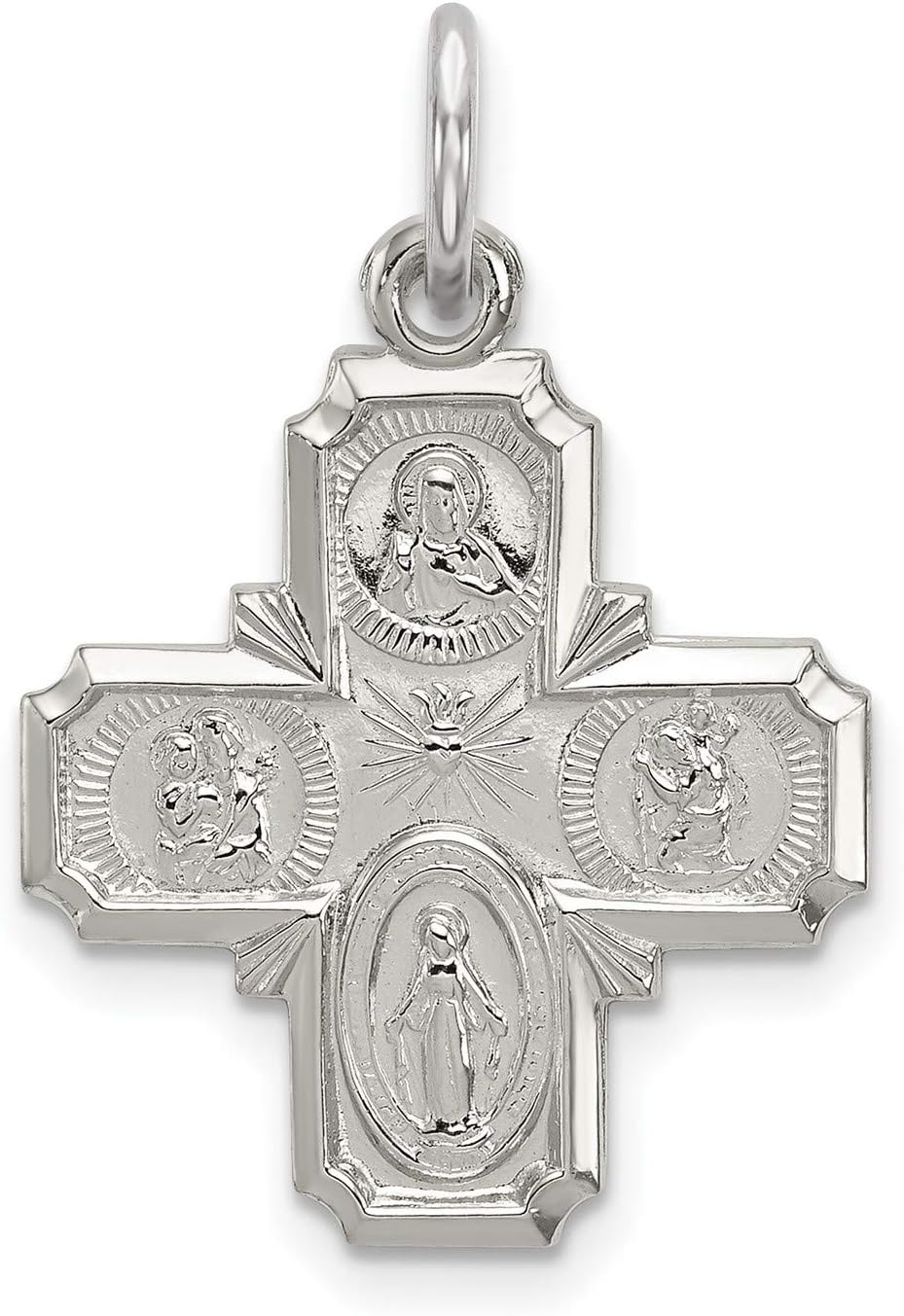 Sterling Silver Four-Way Catholic Cross Pendant with Jesus Virgin Mary and Saints Engraving - Spiritual Necklace for Men or Women - Religious Faith Medal Christian Devotional Jewelry Keepsake