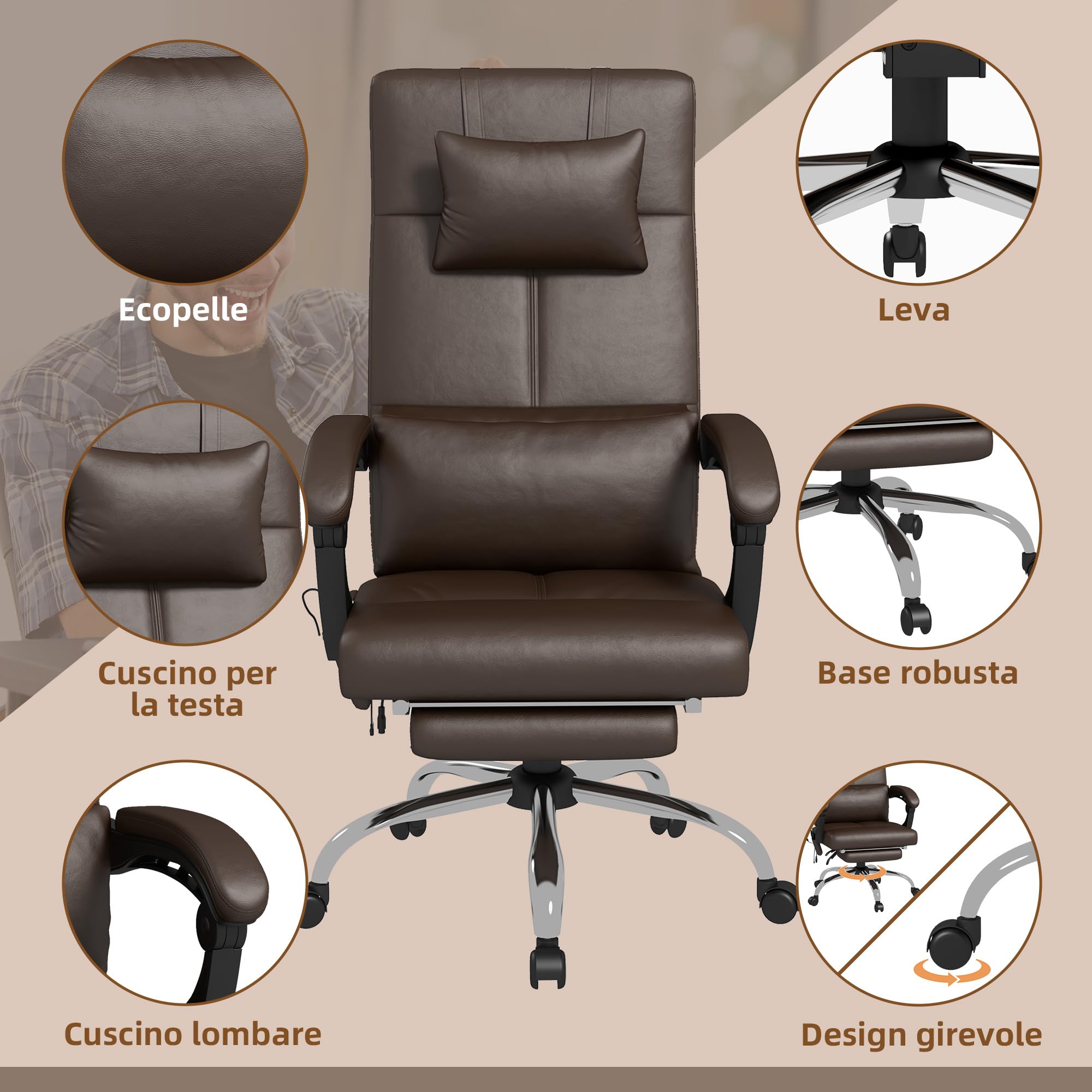 Vinsetto Sedia Massaggiante ad Altezza Regolabile con Poggiapiedi e Telecomando, Sedia da Scrivania in Finta Pelle, 66x67x114-122 cm, Marrone Scuro