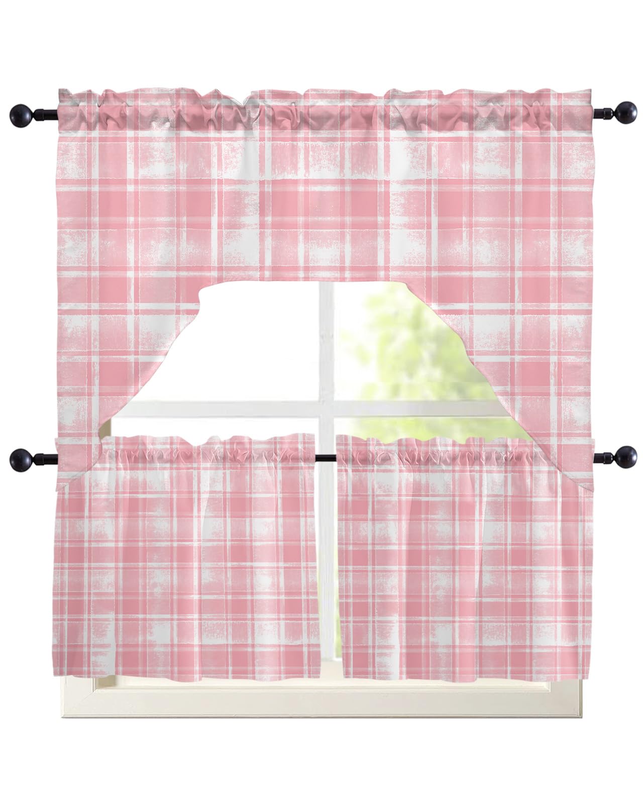 Watercolor Plaid Pink Swag Kitchen Curtain Sets with Valance,3 Pieces Rod Pocket Curtain Drapes for Bathroom Cafe Windows,Abstract Contemporary Minimalist Lattice 56''x36'' & 24''x27.5''x2Panels