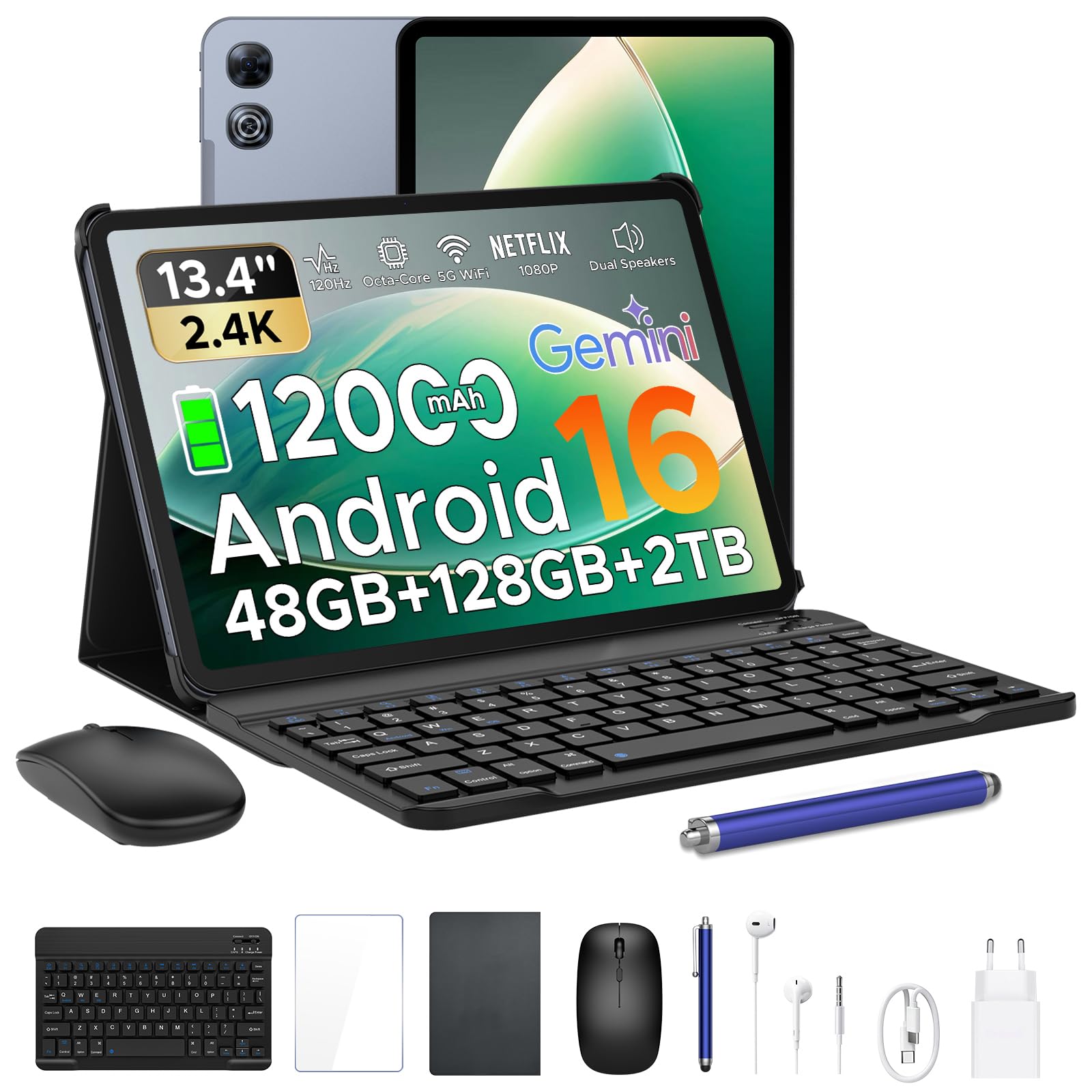 P13 Tablet 13 Pollici Android 16 e Gemini AI, 2.4K/120Hz, 48GB RAM+128GB ROM/2TB TF, 12000mAh/18W, T7280 Octa-Core, 13MP, Face ID/WiFi5/GPS/OTG, Tablet con Tastiera e Penna, Grigio