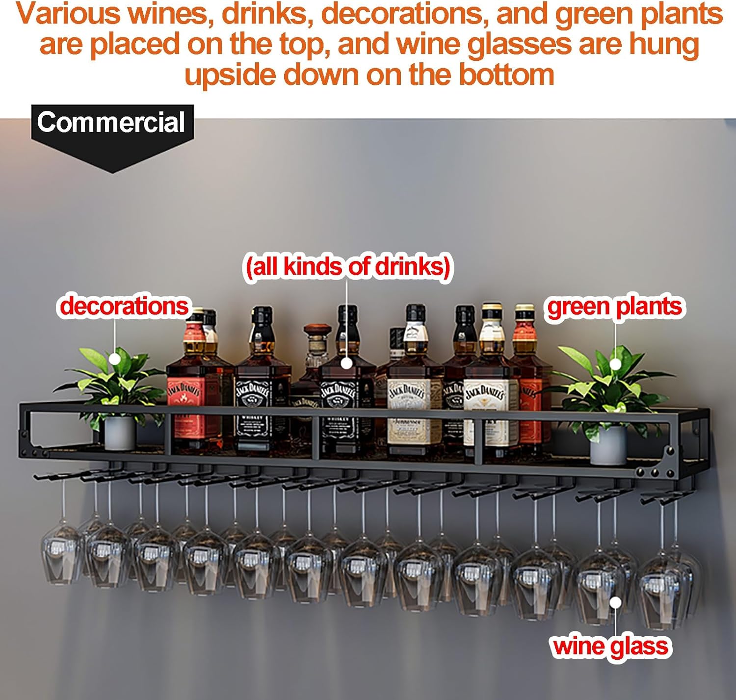 Wall Mounted Wine Racks,Organizer Hanging Long Stemware Goblet Metal,Layer Shelves with Display Shelf,Metal Floating Shelves for Liquor Bottles & Wine Glasses,for Home Bar Dining K