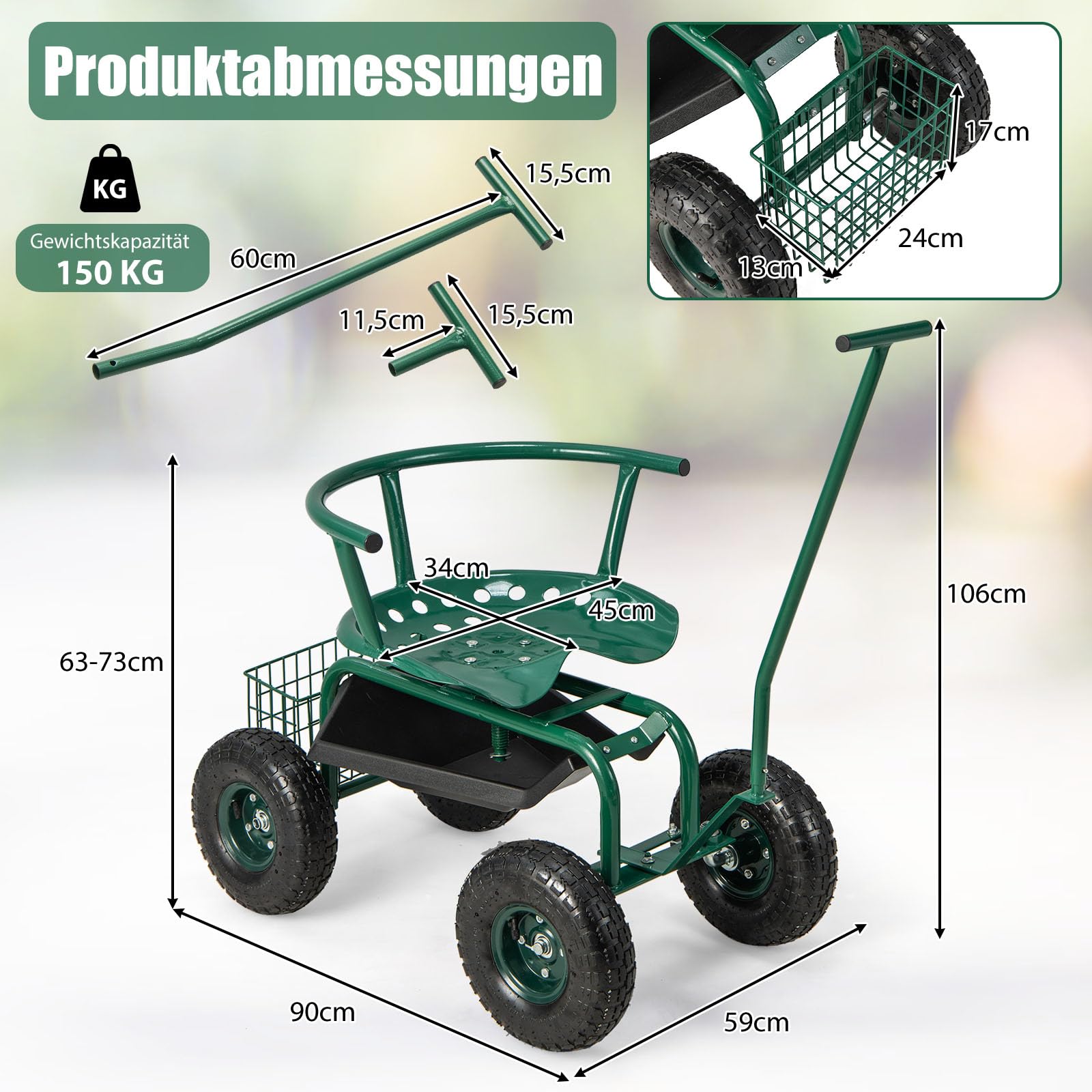 GOPLUS Rollsitz Garten, 360° drehbarer Gartensitz mit Griff, Rückenlehne & Sitzkissen, Gartenhocker mit Ablage, Korb & Werkzeugtasche, Sitz höhenverstellbar, bis 150kg, Gartenwagen für Gartenarbeit