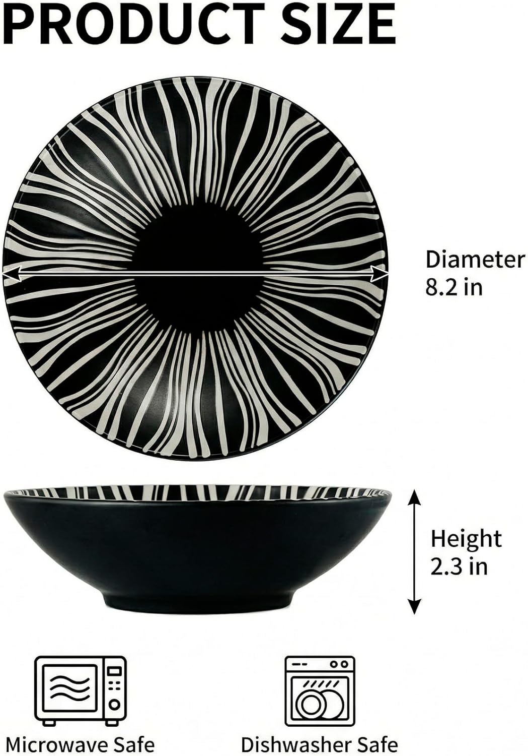 8 Inch Ceramic Bowl Set of 2, Classic Black and White Pasta Bowl,Salad Bowls,Fruit bowl with Embossed Textured Interior, Microwave & Dishwasher Safe, for Ramen, Udon, Pho, Cereal, Serving(Black-Lines)