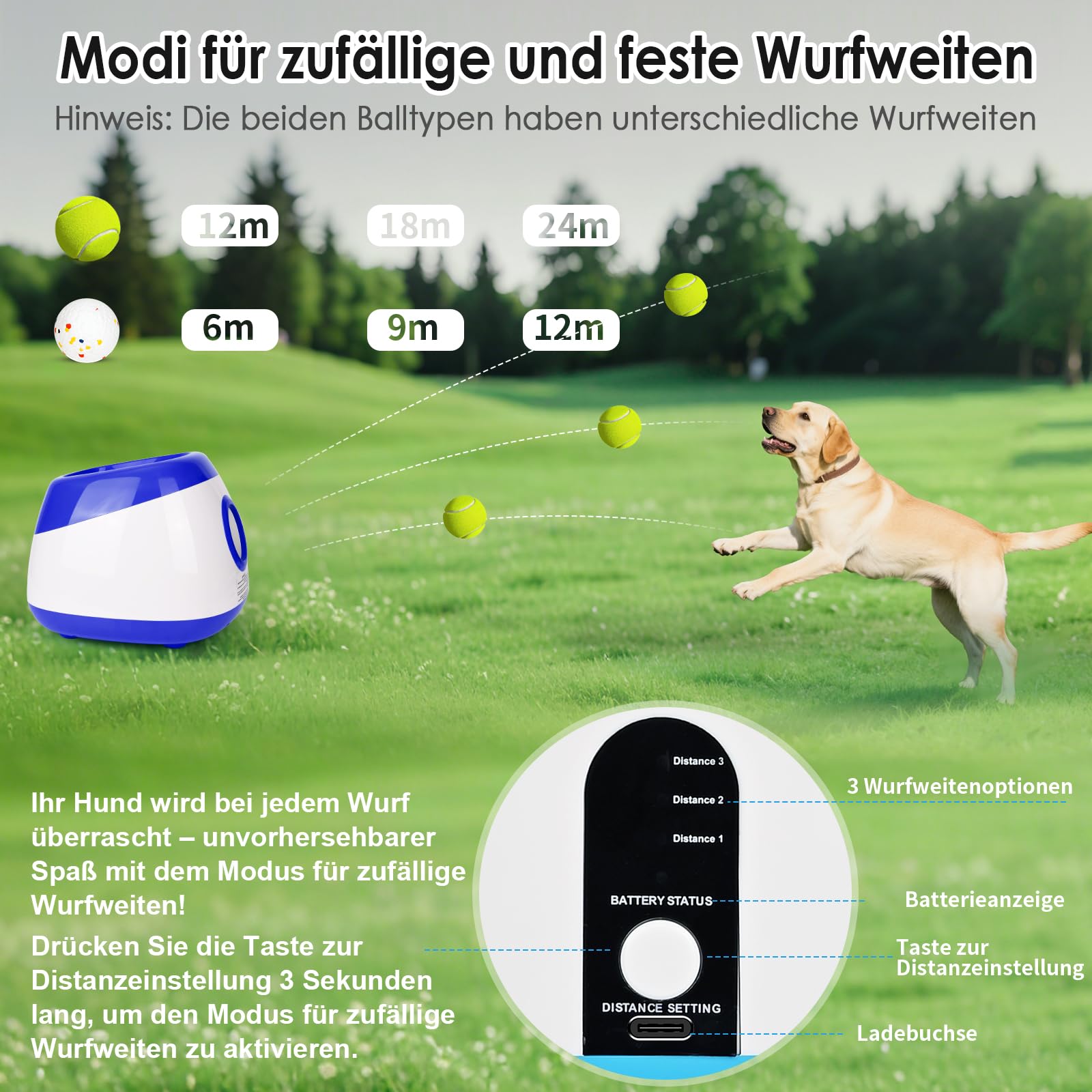 Ballwurfmaschine Hund Automatisch Ballmaschine Interaktives Hundespielzeug Elektrisch mit 6 Stück Hundeball ballwerfer für Hunde Groß und Mittlere