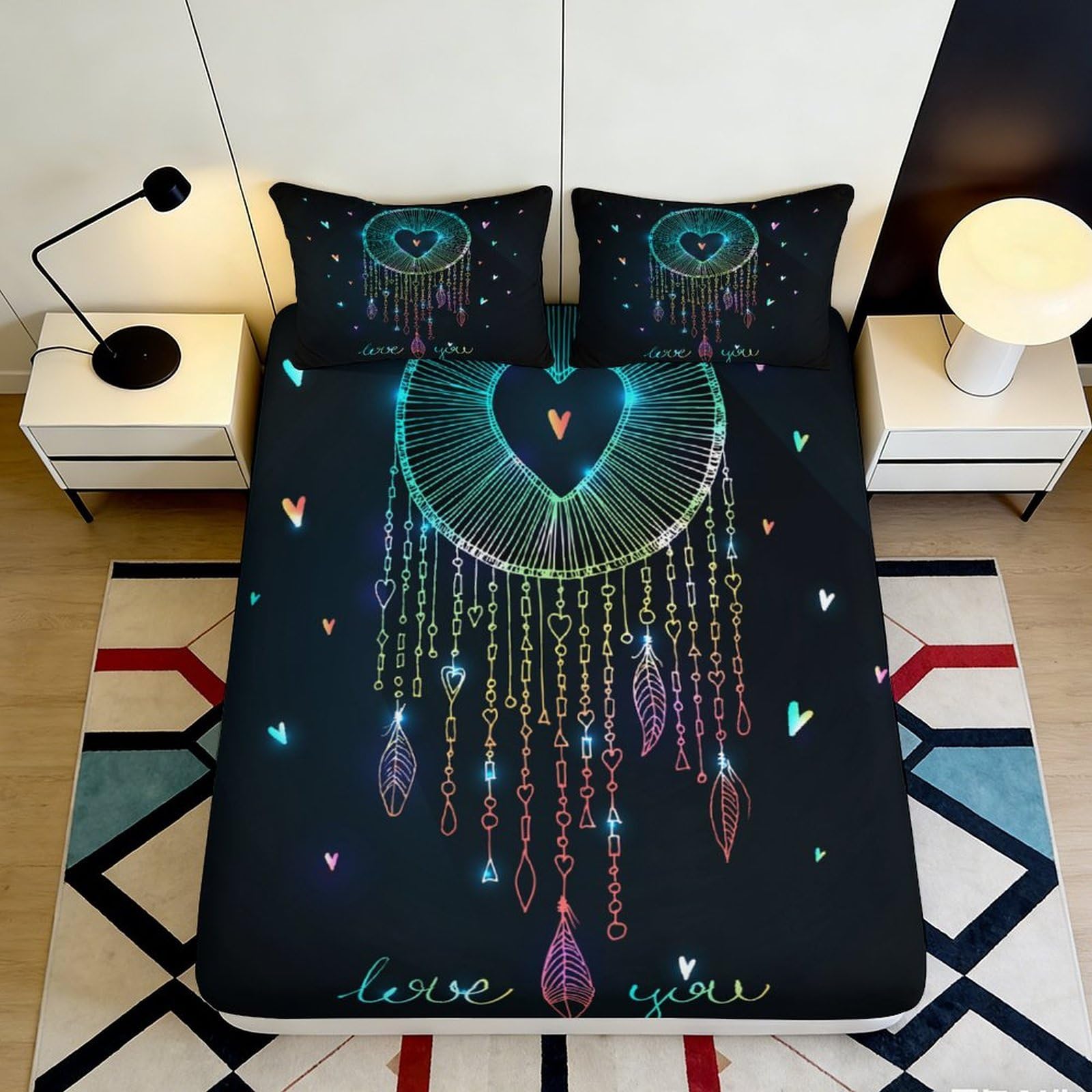 3D Printed Dreamcatcher Fitted Sheet Microfiber Black Colorful Feathers Mattress Cover for Bedroom Dorm Decor 90x200x25cm