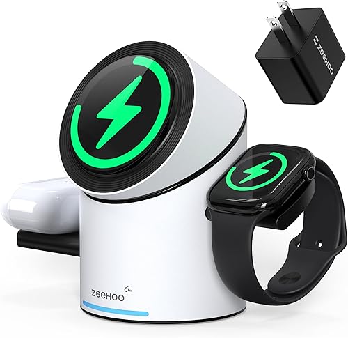 ZEEHOO Estación de carga 3 en 1 para dispositivos Apple, soporte de cargador Mag-Safe, cargador inalámbrico giratorio automático Qi2 de 15 W para