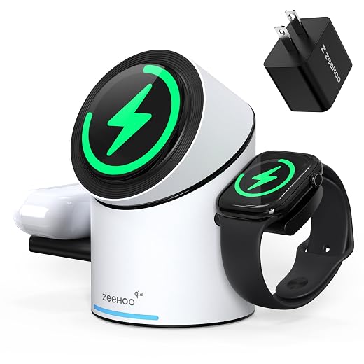 ZEEHOO 3 in 1 Charging Station for Apple Devices, CylinTrick-R Mag-Safe Charger Stand, Qi2 15W Auto-Rotating Wireless Charging Station for iPhone 16/15/14/13/12 Series& AirPods& iWatch (White)