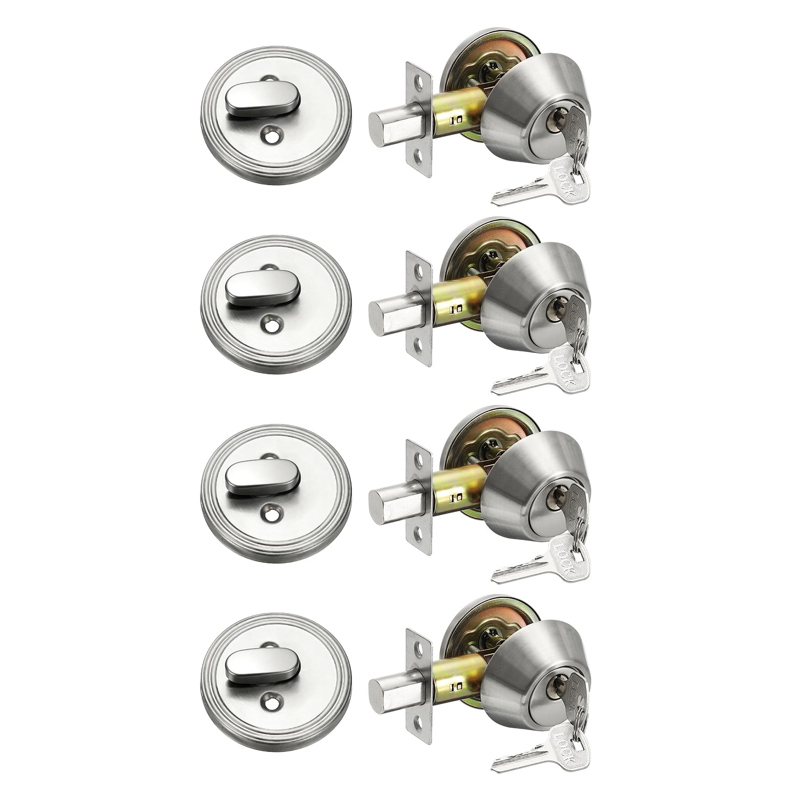 MECCANIXITY Keyed Alike Single Cylinder Deadbolt Door Lock Round Entry Front Door Handle Sets for Door Thickness 1.2-2 Inch (Silver Tone, Pack of 4)