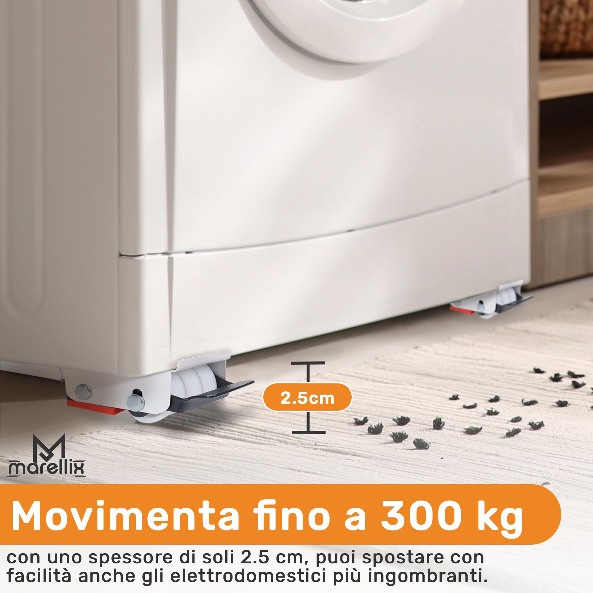 Marellix 2Pz Carrello Lavatrice con Ruote e Freno Smart - Base con Rulli per Mobili ed Elettrodomestici (Bianco)