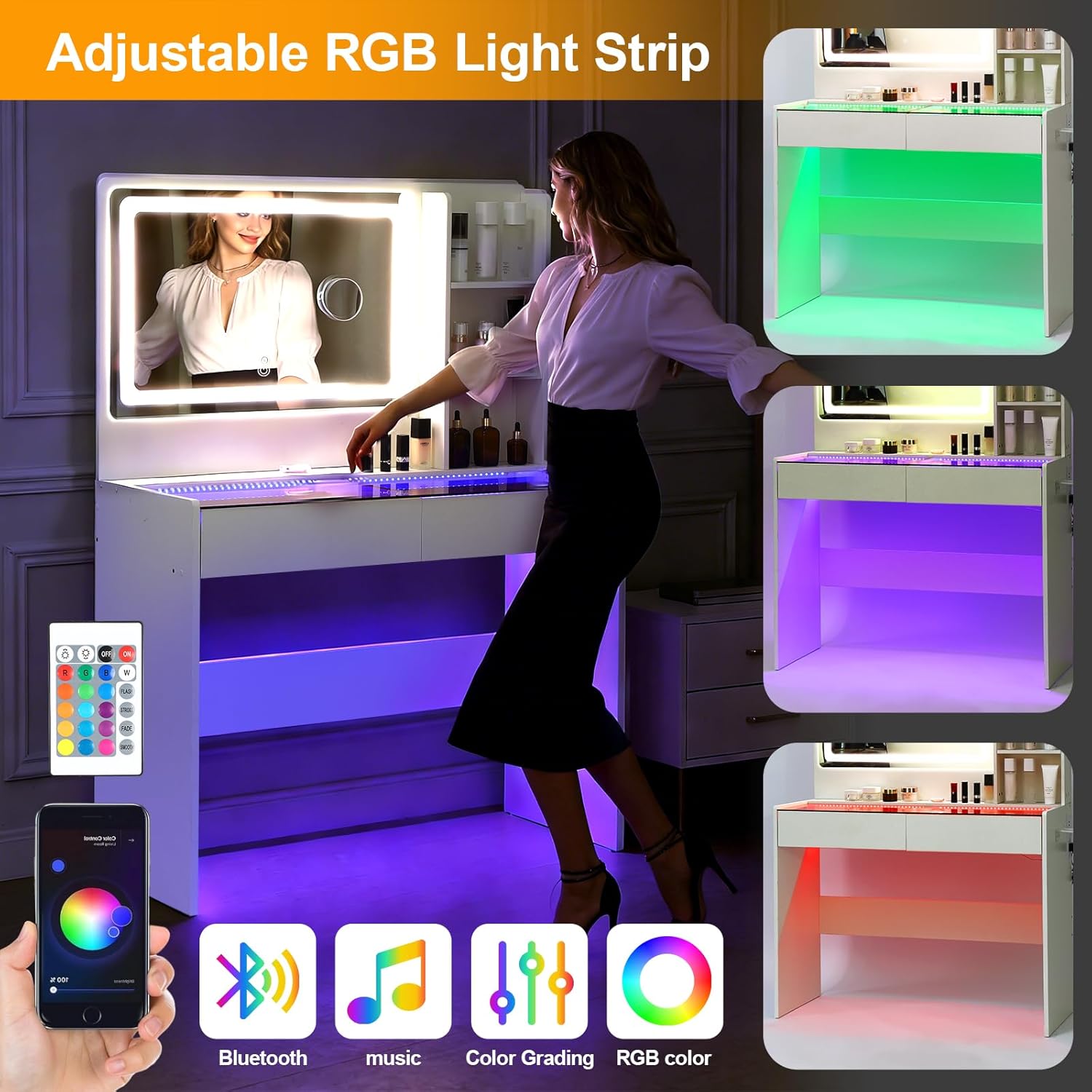 Vanity Desk,Makeup Vanity Desk with Mirror and Lights,Transparent Top with LED Multiple Color Lights,Mirror 3 Color Modes 2 Drawers,Power Outlet,Dressing Table for Girls Bedroom,White