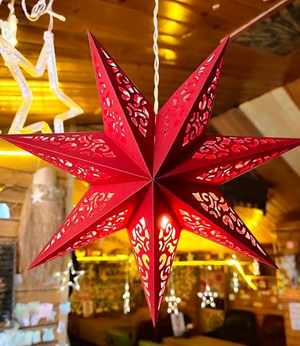 Miniatura 3 de Farol de estrella de papel hueco para colgar pantalla de estrella para Halloween, Navidad, celebración de fiestas (A, rojo)