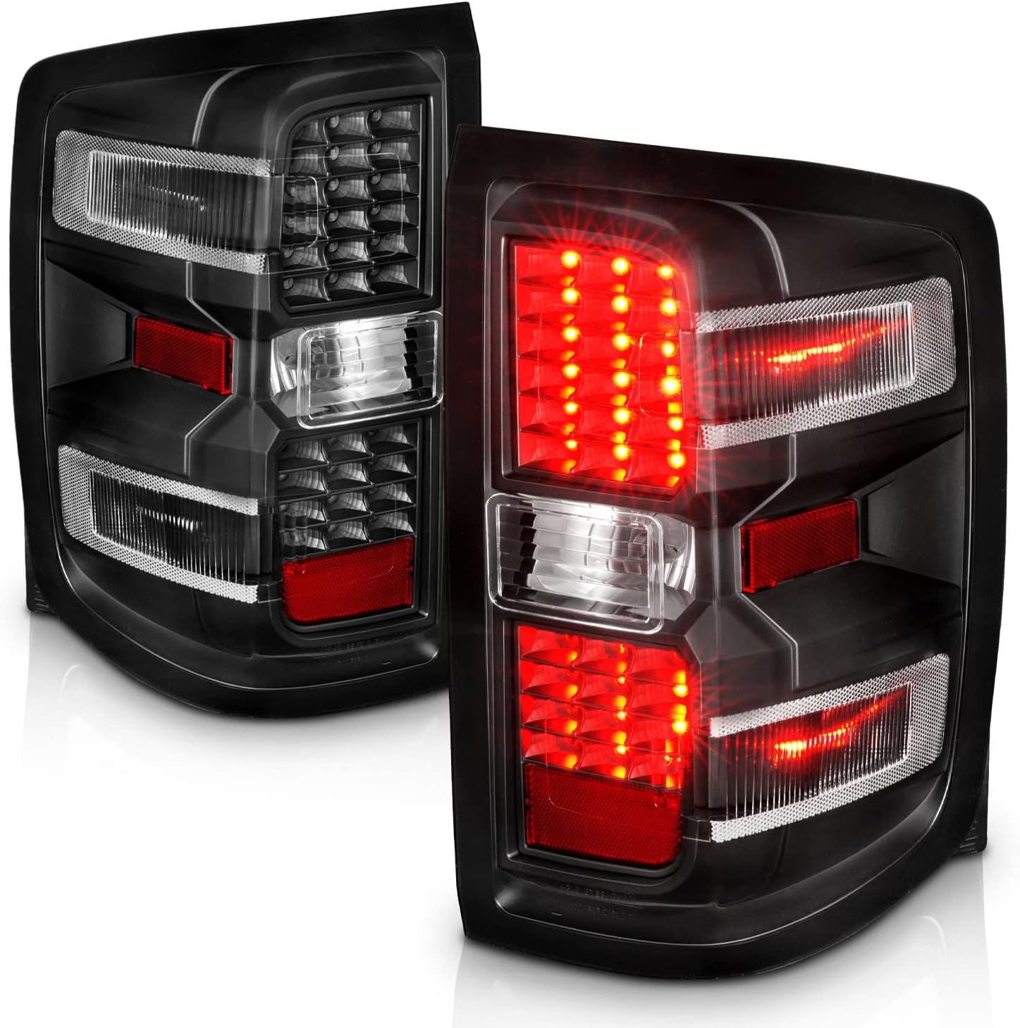 AmeriLite for 2014-2019 Chevy Silverado 1500 2500 3500 GMC Sierra 3500HD LED Replacement Black Tail Light Assembly Pair - Passenger and Driver Side